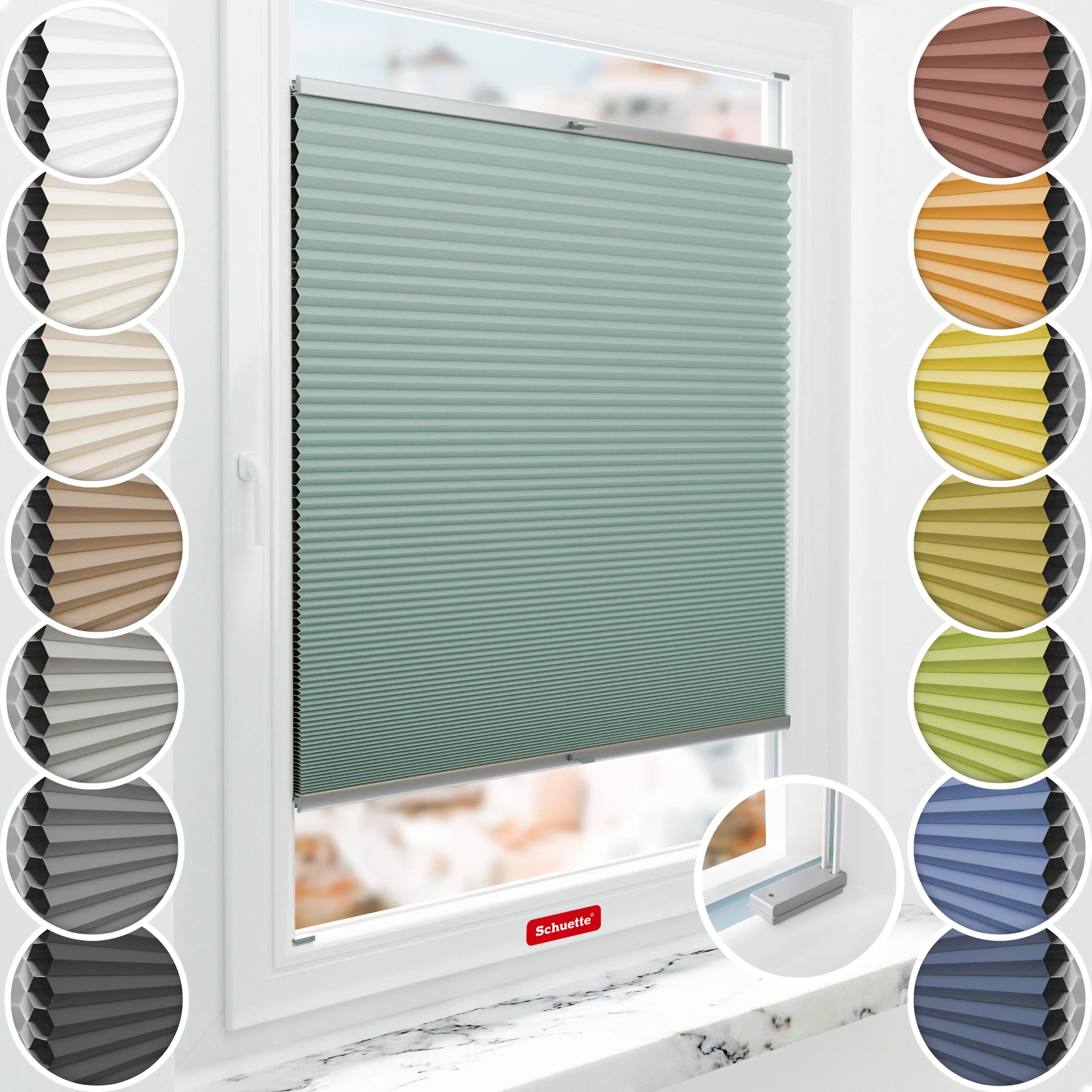 Schuette® Wabenplissee mit Bohren nach Maß • Suprafix Halterungen “Mit Bohren” • Honey Kollektion: Wicked Emerald (Blassgrün) • Profilfarbe: Silber