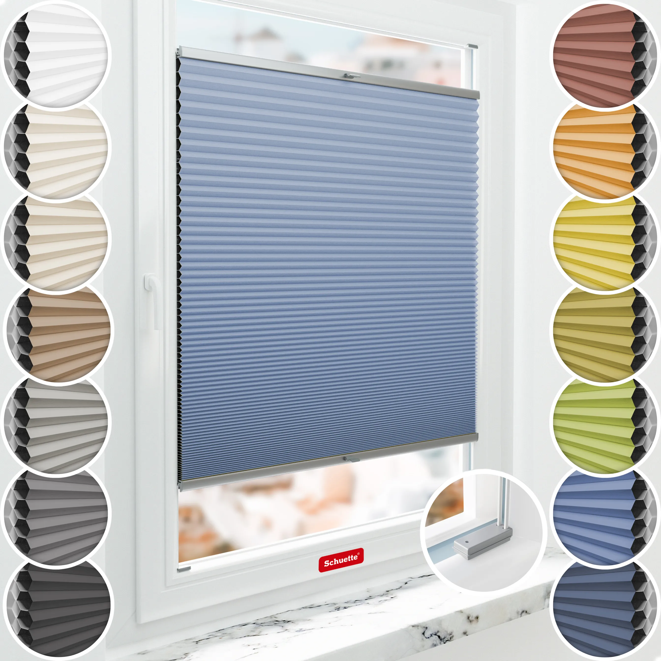 Schuette® Wabenplissee mit Bohren nach Maß • Suprafix Halterungen “Mit Bohren” • Honey Kollektion: Ocean Drive (Hellblau) • Profilfarbe: Silber