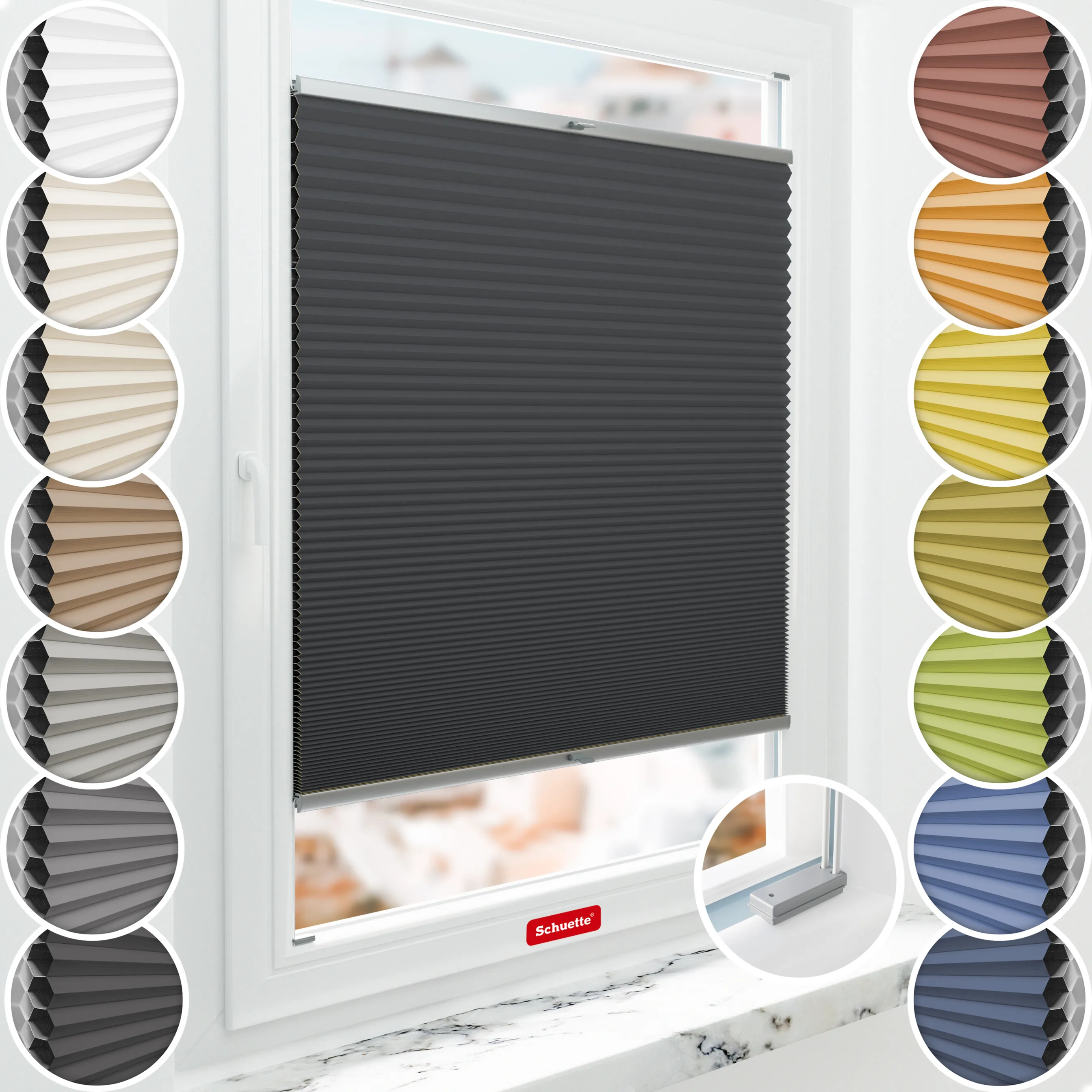 Schuette® Wabenplissee mit Bohren nach Maß • Suprafix Halterungen “Mit Bohren” • Honey Kollektion: Night Rider (Anthrazit) • Profilfarbe: Silber