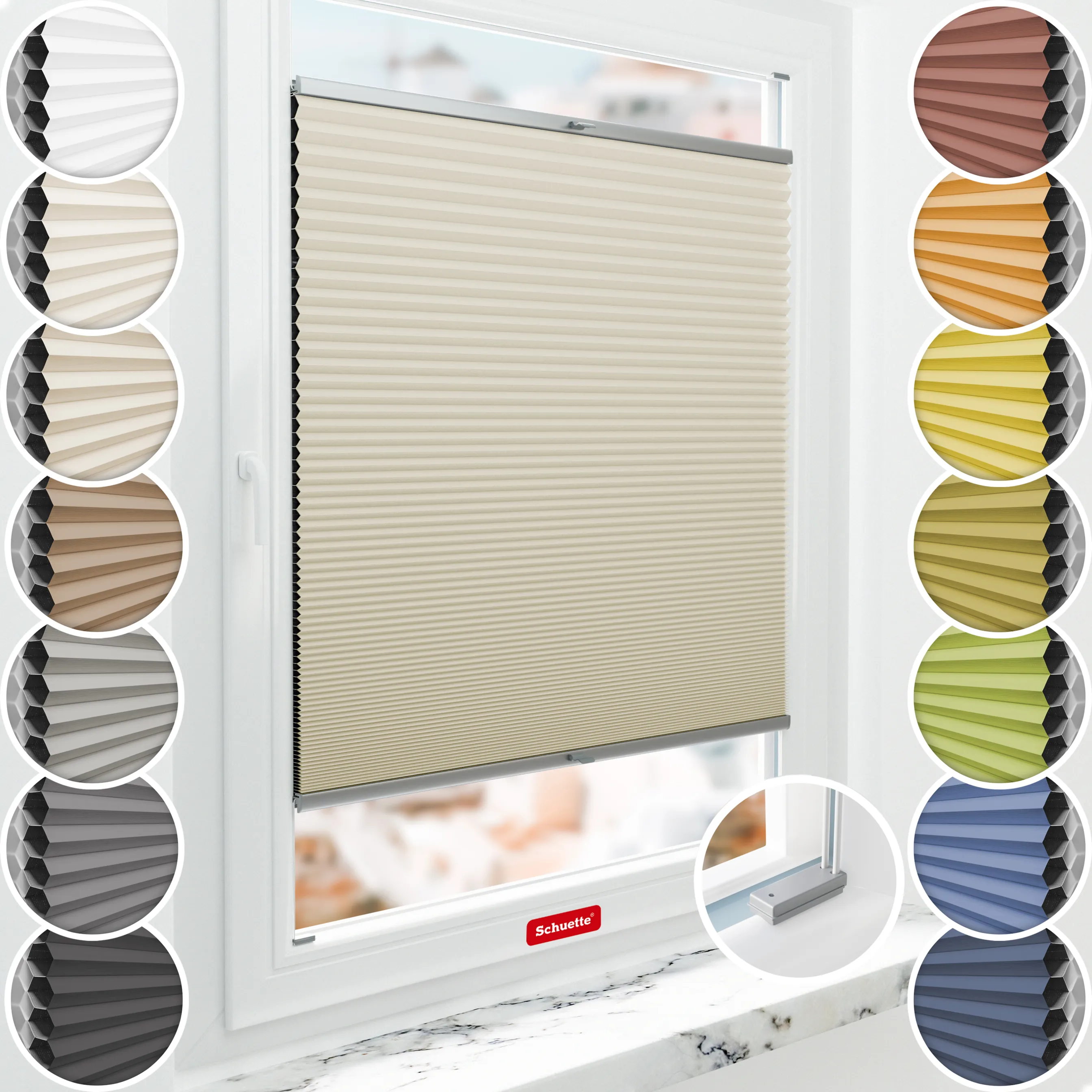 Schuette® Wabenplissee mit Bohren nach Maß • Suprafix Halterungen “Mit Bohren” • Honey Kollektion: Belgian Waffle (Creme) • Profilfarbe: Silber