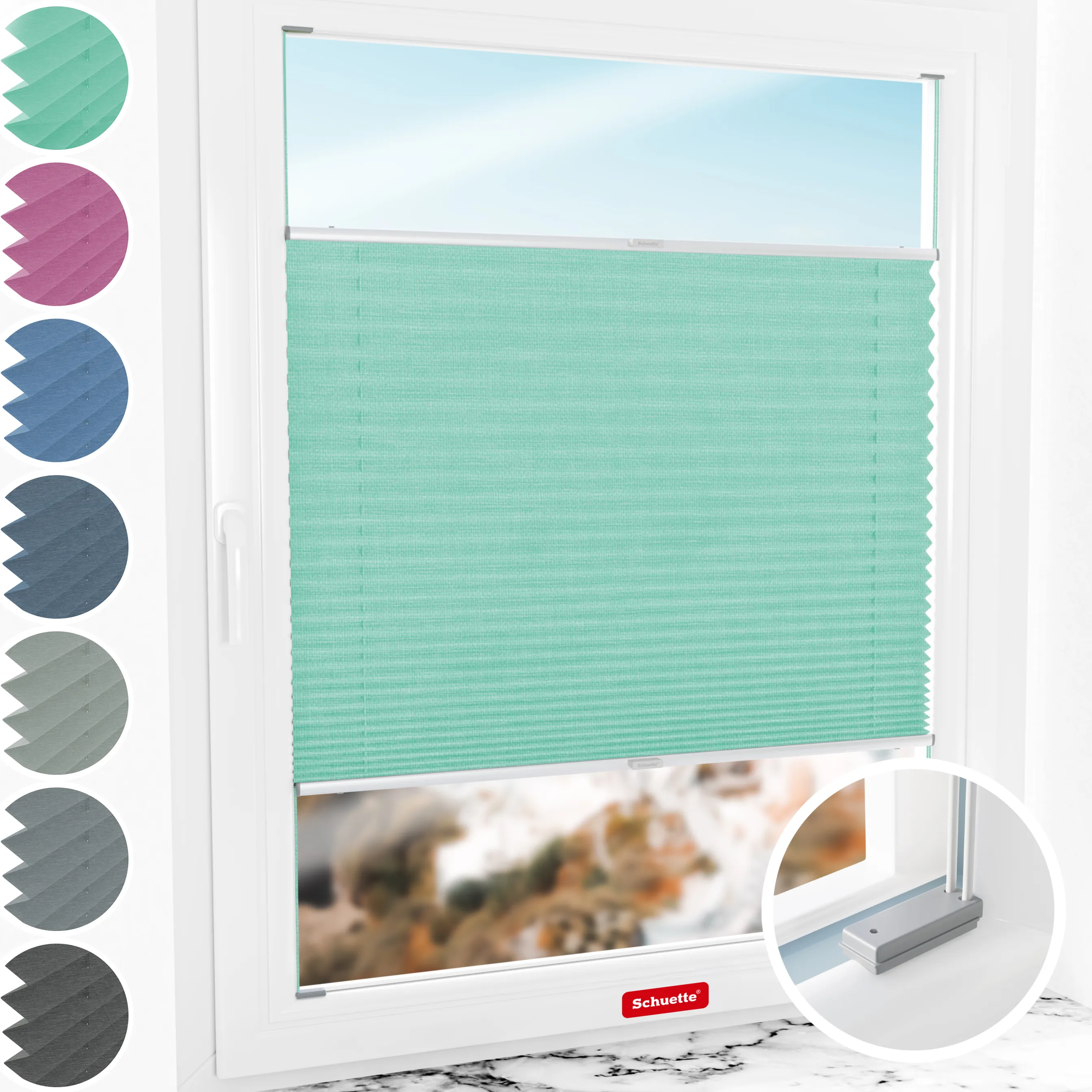 Schuette® Plissee mit Bohren nach Maß • Suprafix Halterungen “Mit Bohren” • Melange Kollektion: Mint Ice Cream (Grün) • Profilfarbe: Silber
