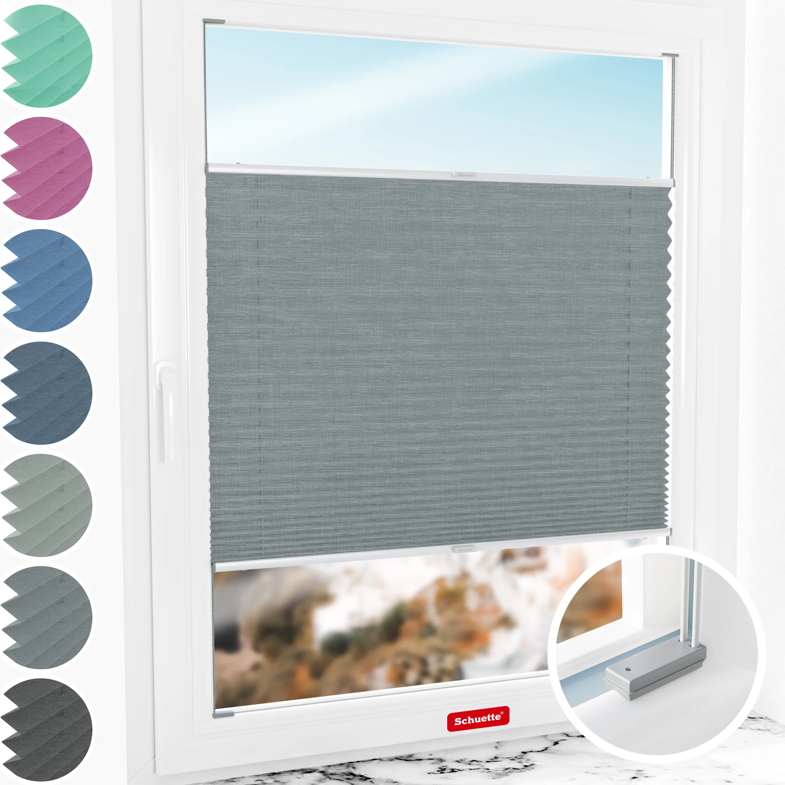 Schuette® Plissee mit Bohren nach Maß • Suprafix Halterungen “Mit Bohren” • Melange Kollektion: Rocky Mountain (Grau) • Profilfarbe: Silber