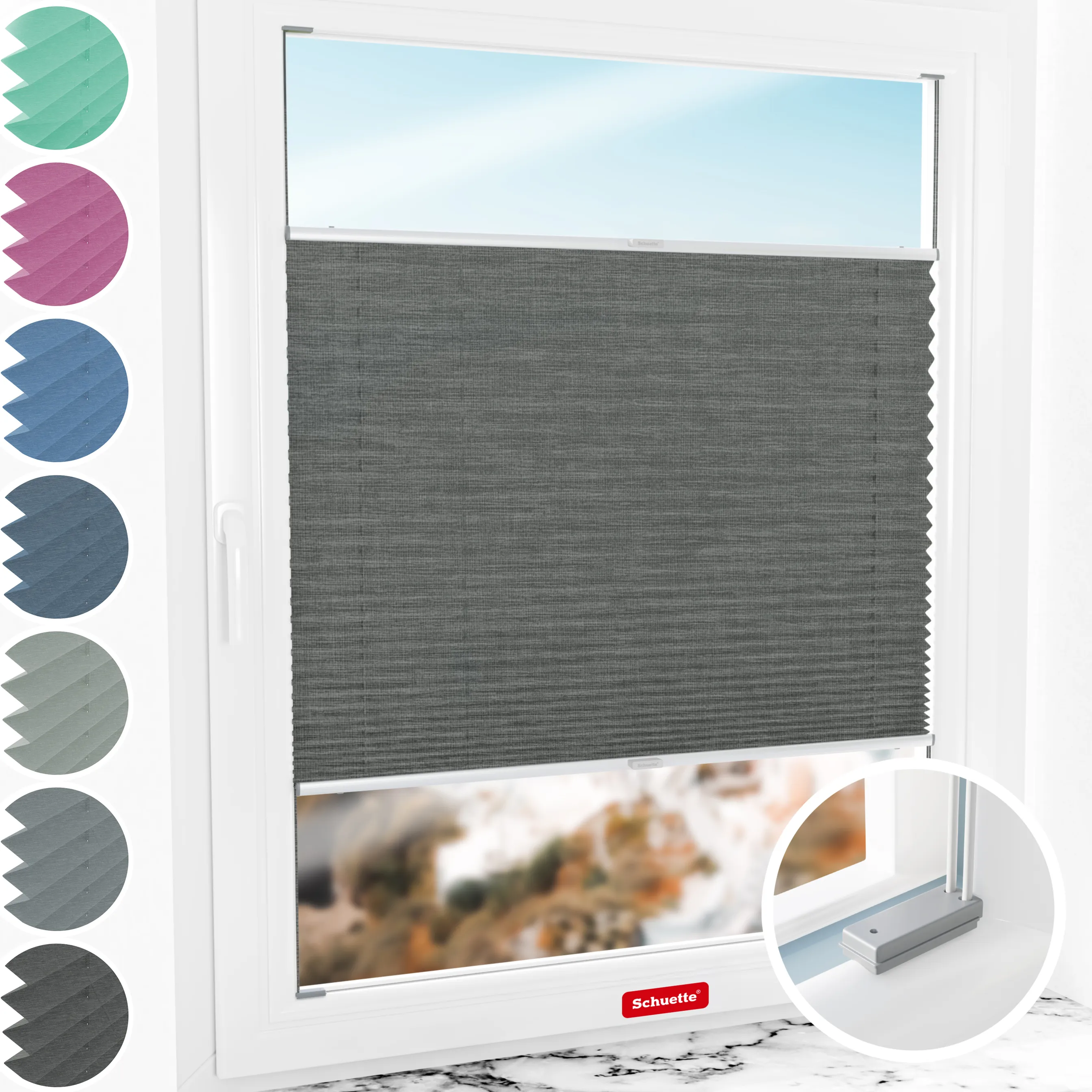 Schuette® Plissee mit Bohren nach Maß • Suprafix Halterungen “Mit Bohren” • Melange Kollektion: Black Pearl (Schwarz) • Profilfarbe: Silber