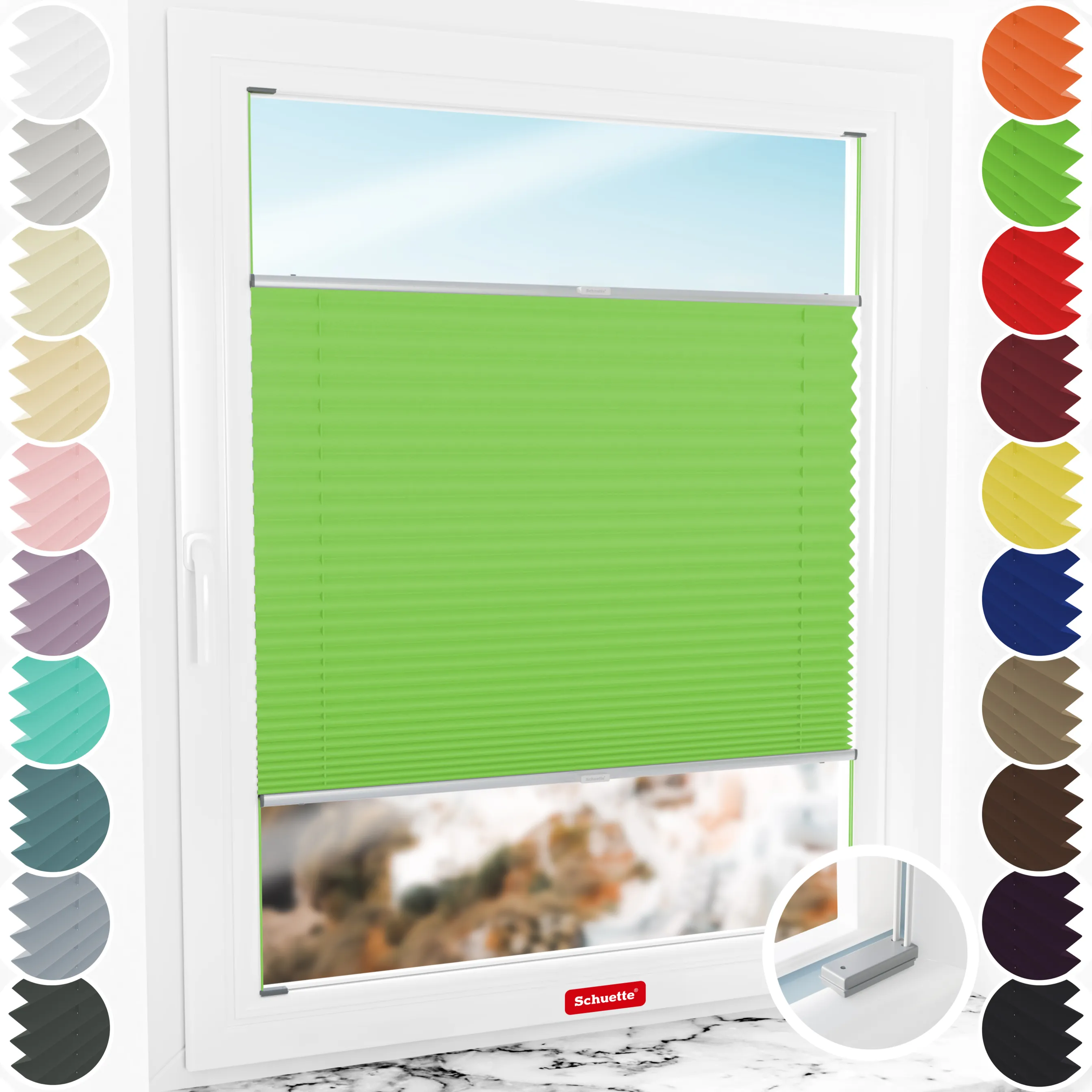 Schuette® Plissee mit Bohren nach Maß • Suprafix Halterungen “Mit Bohren” • Premium Kollektion: Green Meadow (Grün) • Profilfarbe: Silber