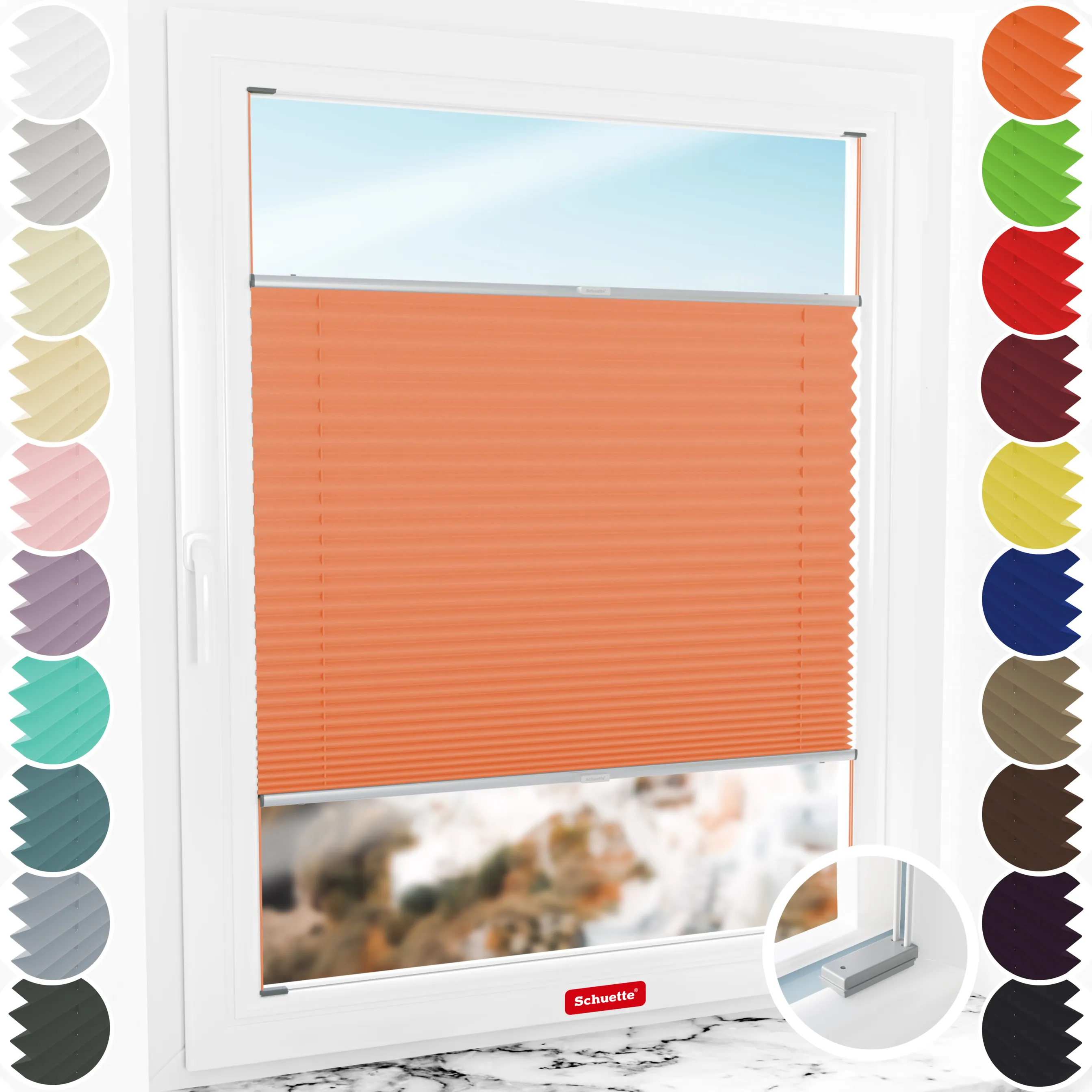 Schuette® Plissee mit Bohren nach Maß • Suprafix Halterungen “Mit Bohren” • Premium Kollektion: Sunset (Orange) • Profilfarbe: Silber