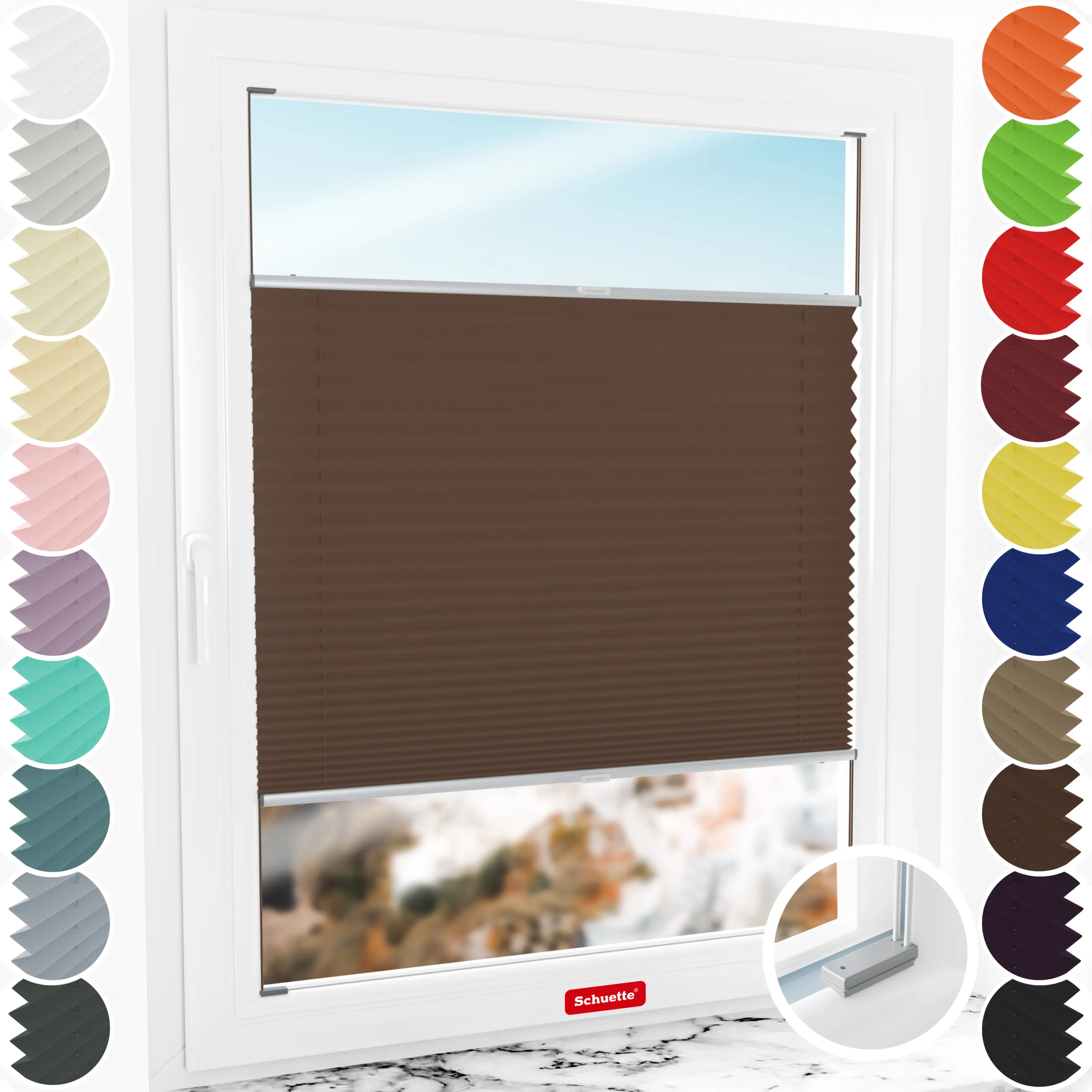 Schuette® Plissee mit Bohren nach Maß • Suprafix Halterungen “Mit Bohren” • Premium Kollektion: Hot Chocolate (Dunkelbraun) • Profilfarbe: Silber