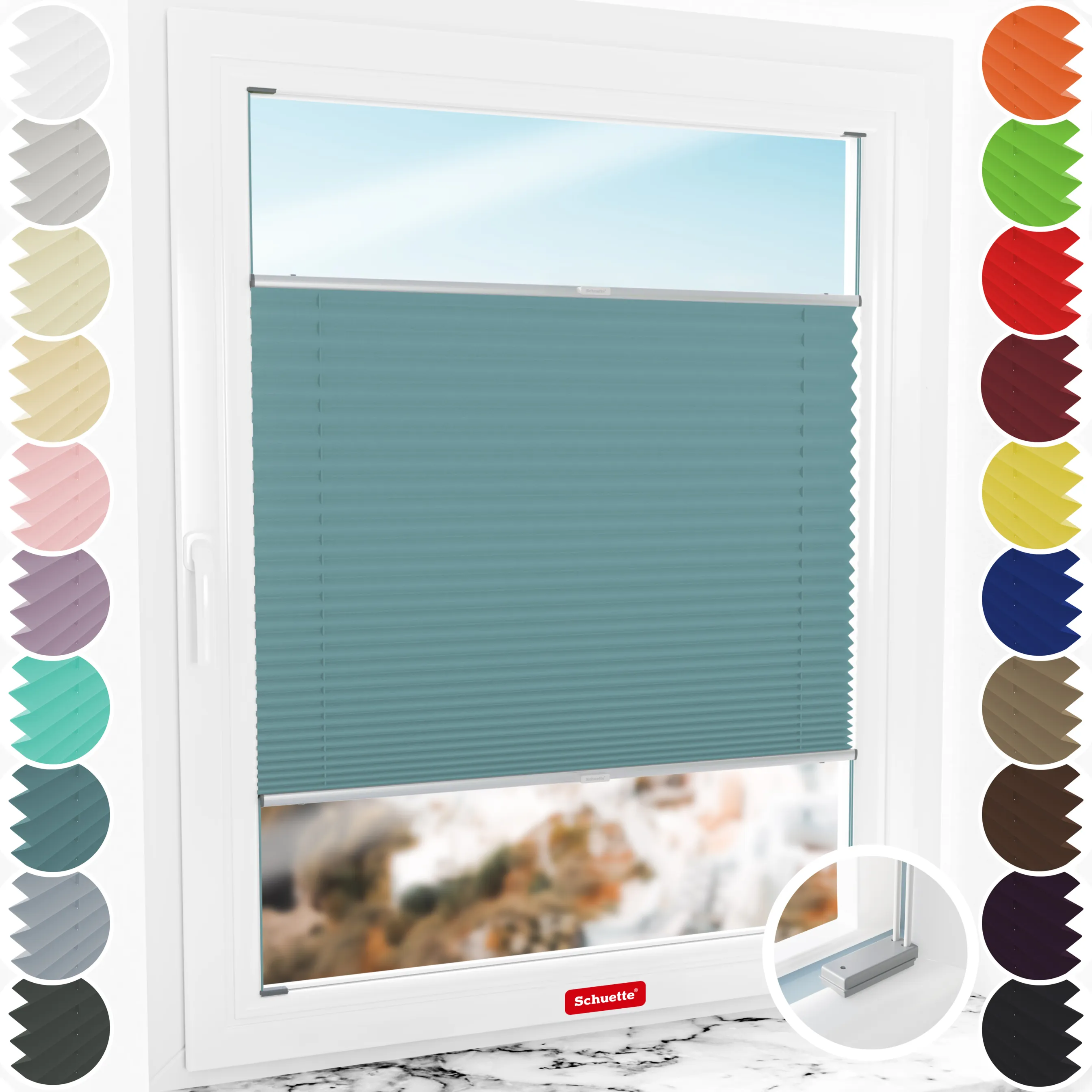 Schuette® Plissee mit Bohren nach Maß • Suprafix Halterungen “Mit Bohren” • Premium Kollektion: Cove Calm (Taubenblau) • Profilfarbe: Silber