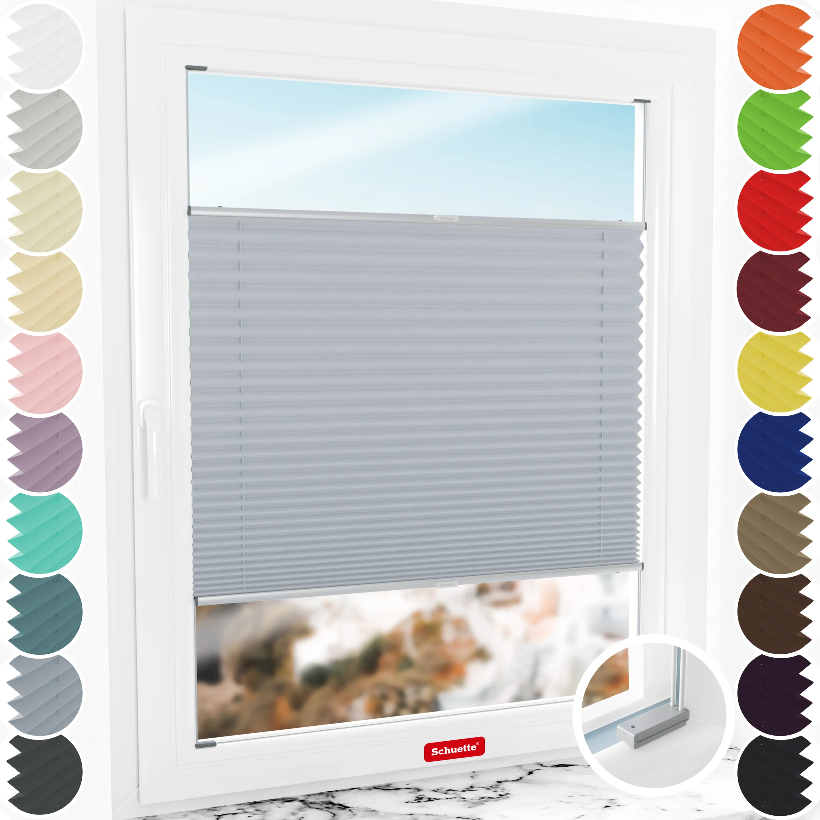 Schuette® Plissee mit Bohren nach Maß • Suprafix Halterungen “Mit Bohren” •  Premium Kollektion: Silver Sonata (Grau) • Profilfarbe: Silber