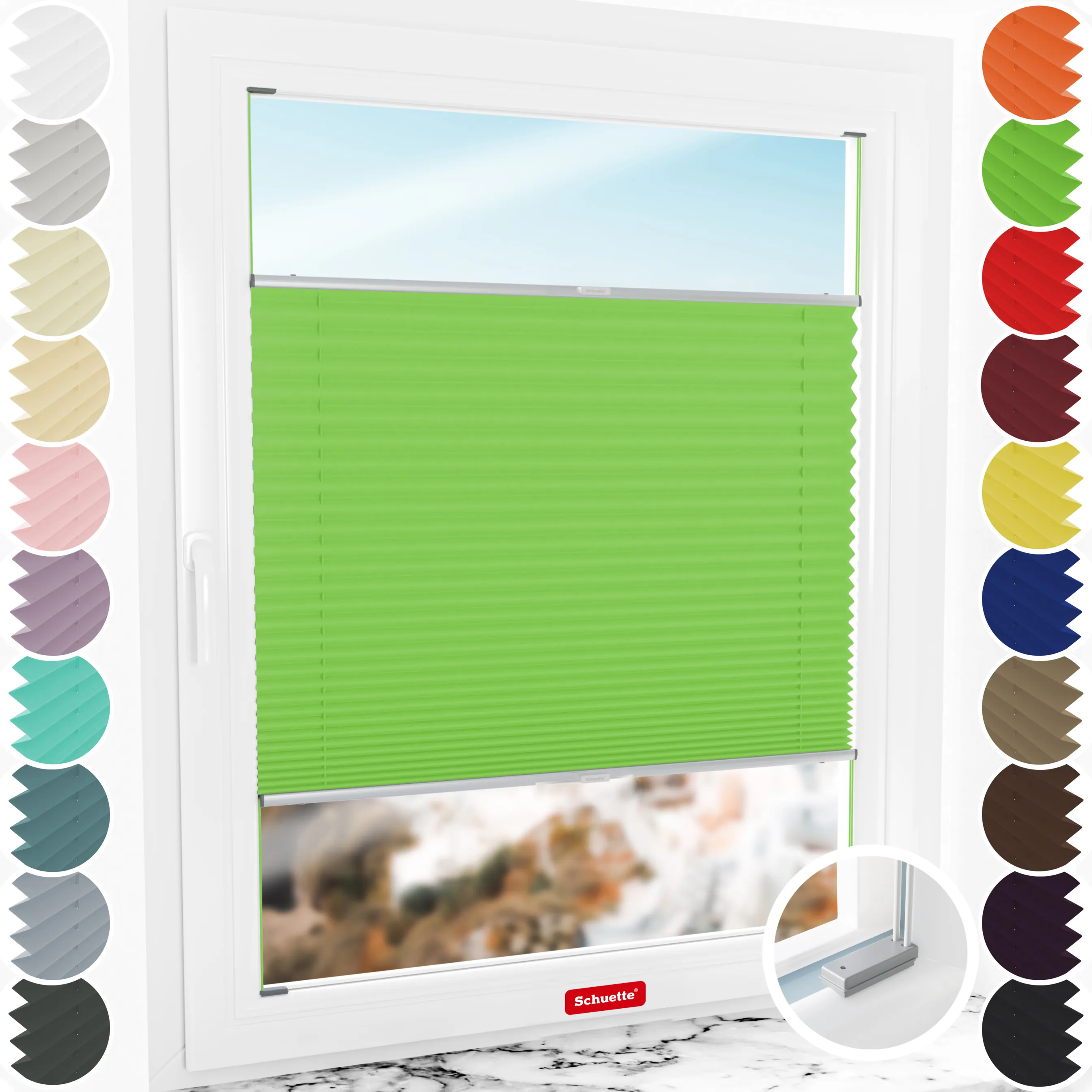 Schuette® Plissee mit Bohren nach Maß • Suprafix Halterungen “Mit Bohren” • Thermo Kollektion: Leaf Joy (Grün) • Profilfarbe: Silber