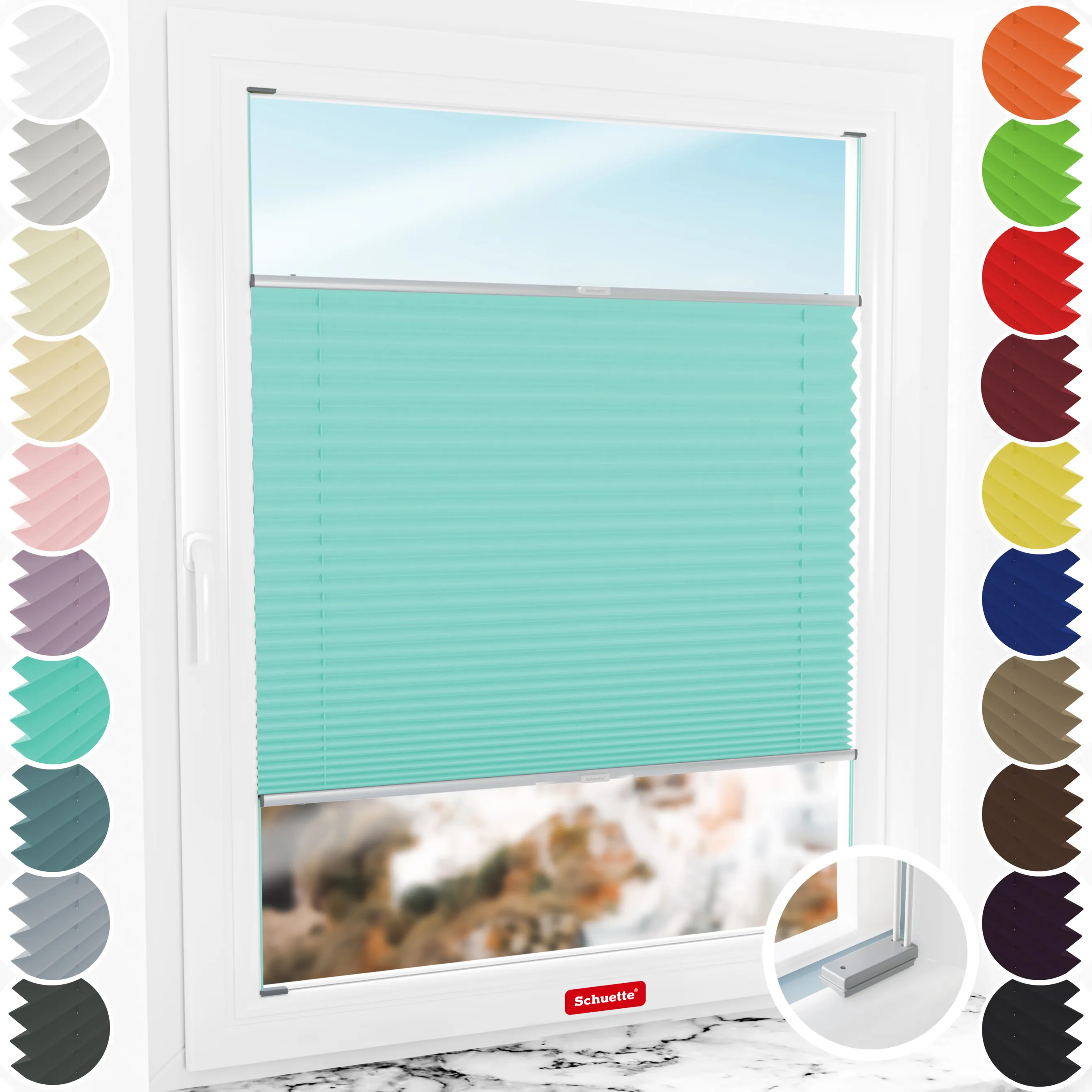 Schuette® Plissee mit Bohren nach Maß • Suprafix Halterungen “Mit Bohren” • Thermo Kollektion: Tide Tune (Türkis) • Profilfarbe: Silber