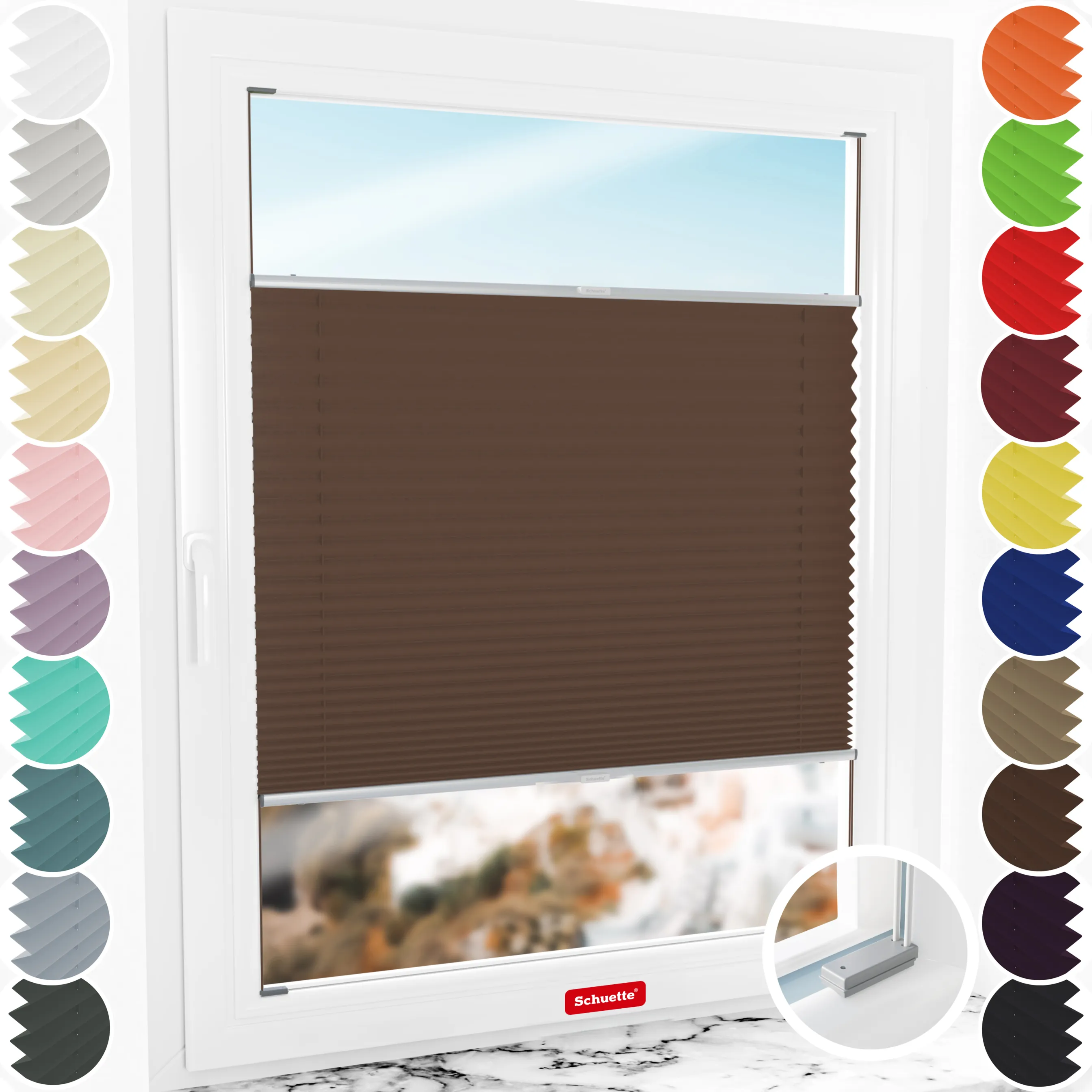 Schuette® Plissee mit Bohren nach Maß • Suprafix Halterungen “Mit Bohren” • Thermo Kollektion: Toffee (Dunkelbraun) • Profilfarbe: Silber