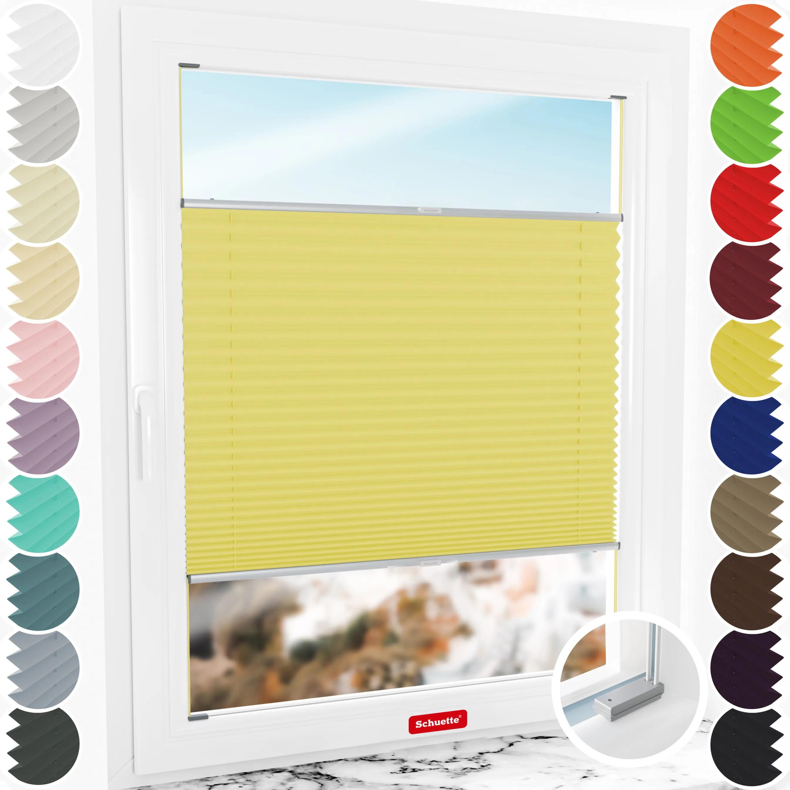 Schuette® Plissee mit Bohren nach Maß • Suprafix Halterungen “Mit Bohren” • Thermo Kollektion: Sunflower (Gelb) • Profilfarbe: Silber