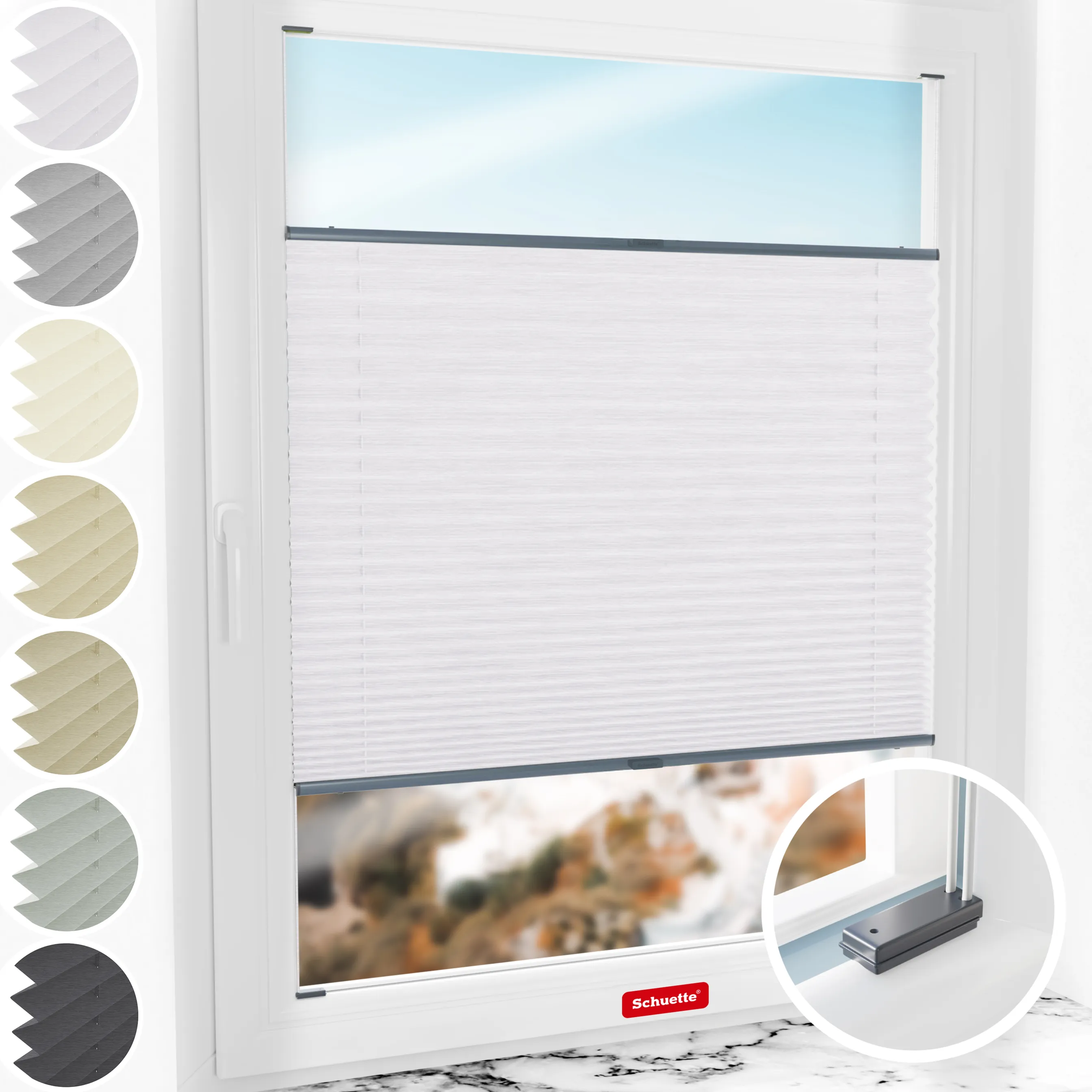 Schuette® Plissee mit Bohren nach Maß • Suprafix Halterungen “Mit Bohren” • Dolomite Kollektion: Cold Morning (Grau) • Profilfarbe: Anthrazit