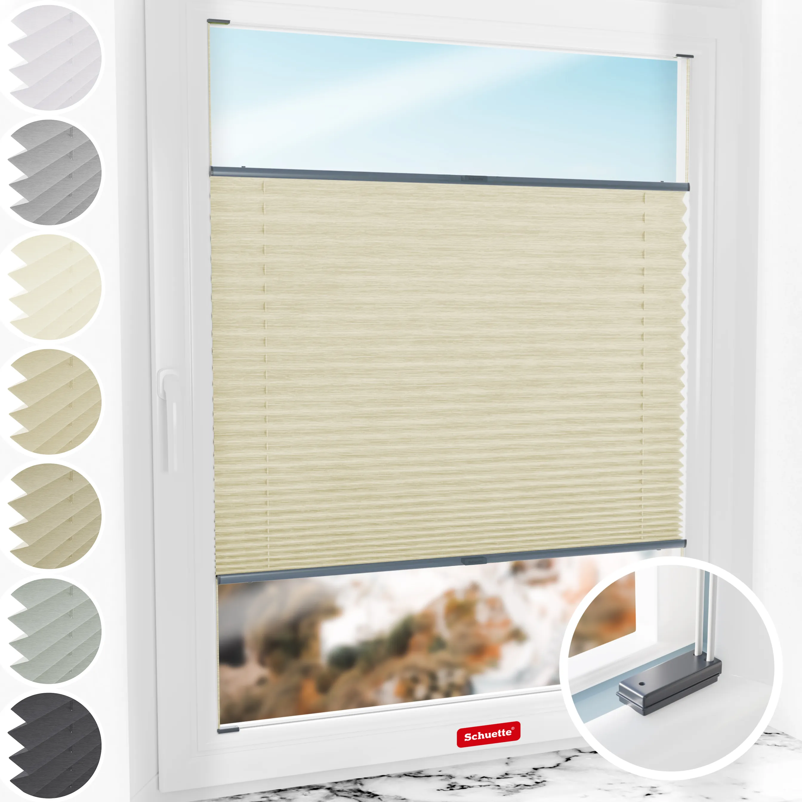 Schuette® Plissee mit Bohren nach Maß • Suprafix Halterungen “Mit Bohren” • Dolomite Kollektion: Wet Stand (Beige) • Profilfarbe: Anthrazit