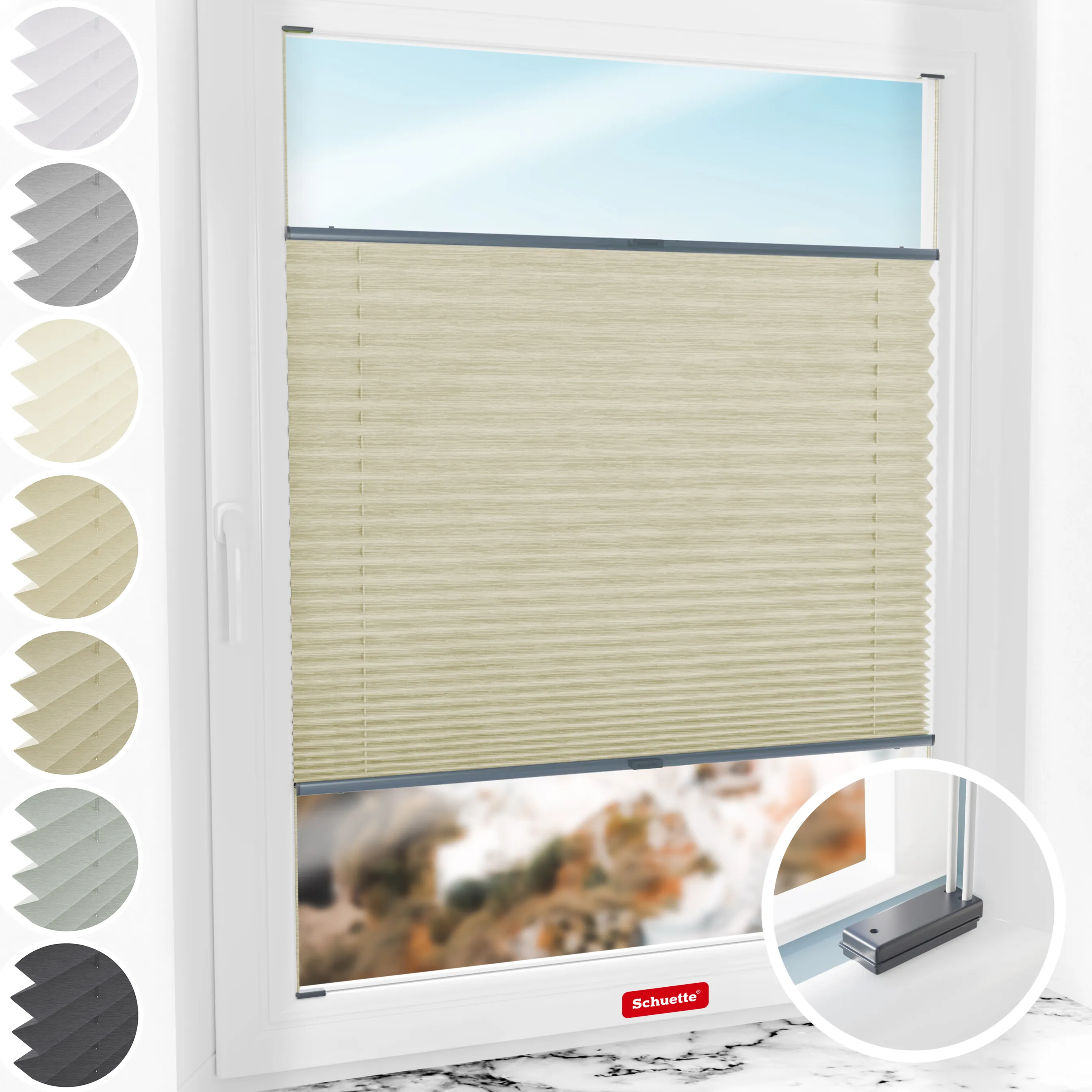 Schuette® Plissee mit Bohren nach Maß • Suprafix Halterungen “Mit Bohren” • Dolomite Kollektion: Light Coffee (Beige) • Profilfarbe: Anthrazit