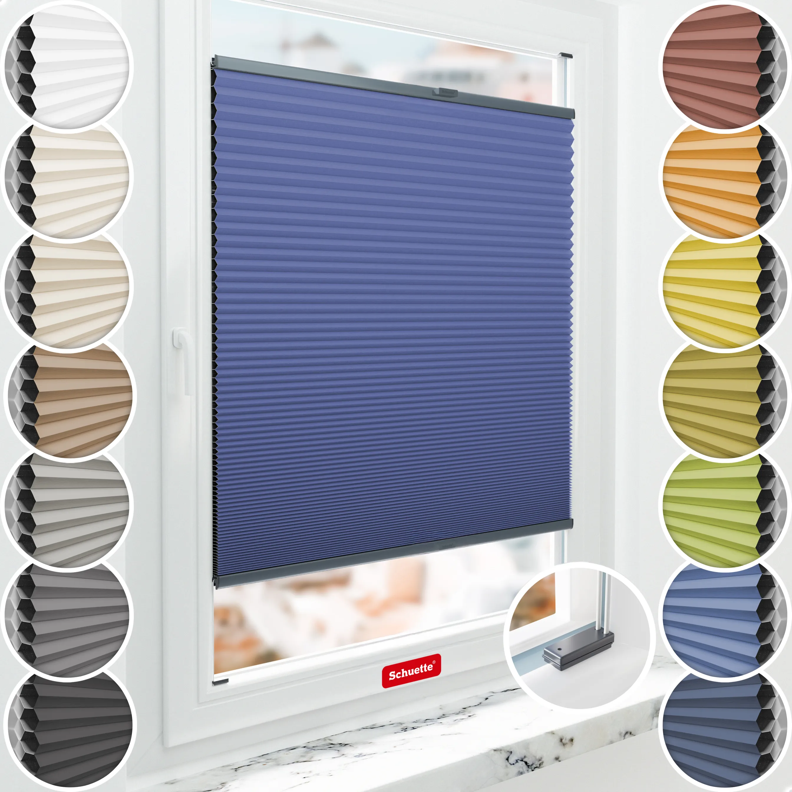 Schuette® Wabenplissee mit Bohren nach Maß • Suprafix Halterungen “Mit Bohren” • Honey Kollektion: Skyline (Blau) • Profilfarbe: Anthrazit