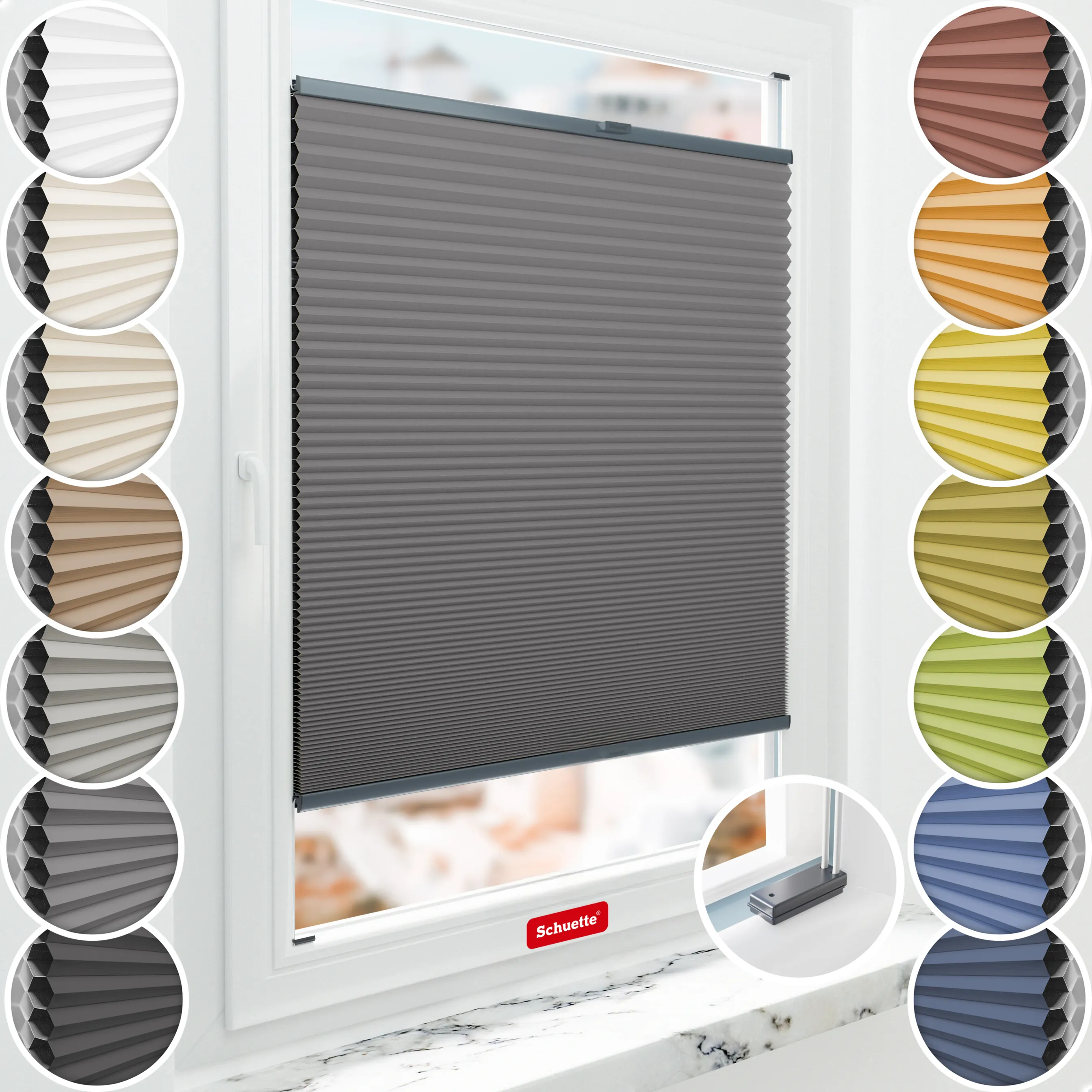 Schuette® Wabenplissee mit Bohren nach Maß • Suprafix Halterungen “Mit Bohren” • Honey Kollektion: Twilight Tango (Grau) • Profilfarbe: Anthrazit