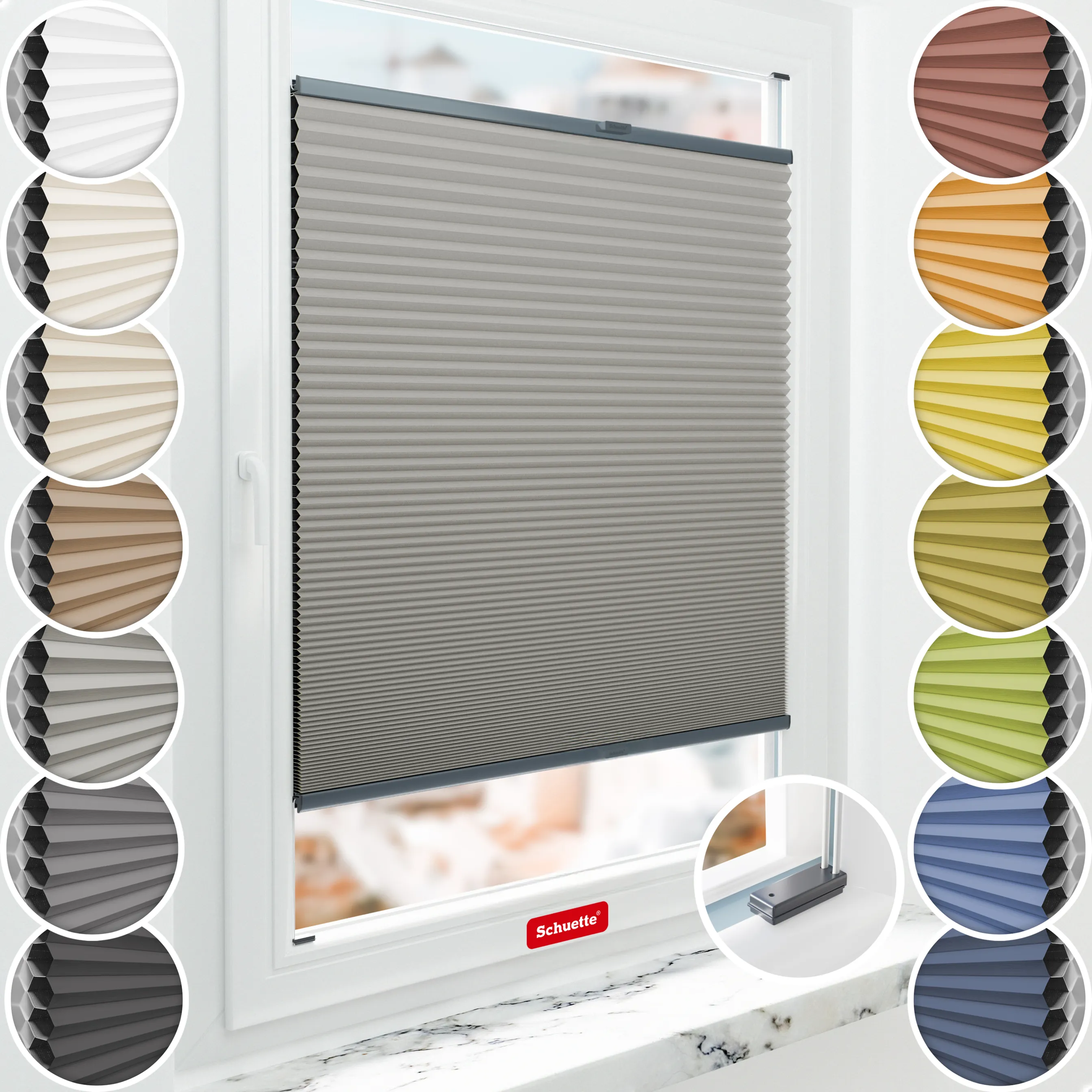 Schuette® Wabenplissee mit Bohren nach Maß • Suprafix Halterungen “Mit Bohren” • Honey Kollektion: Silver Mist (Grau) • Profilfarbe: Anthrazit