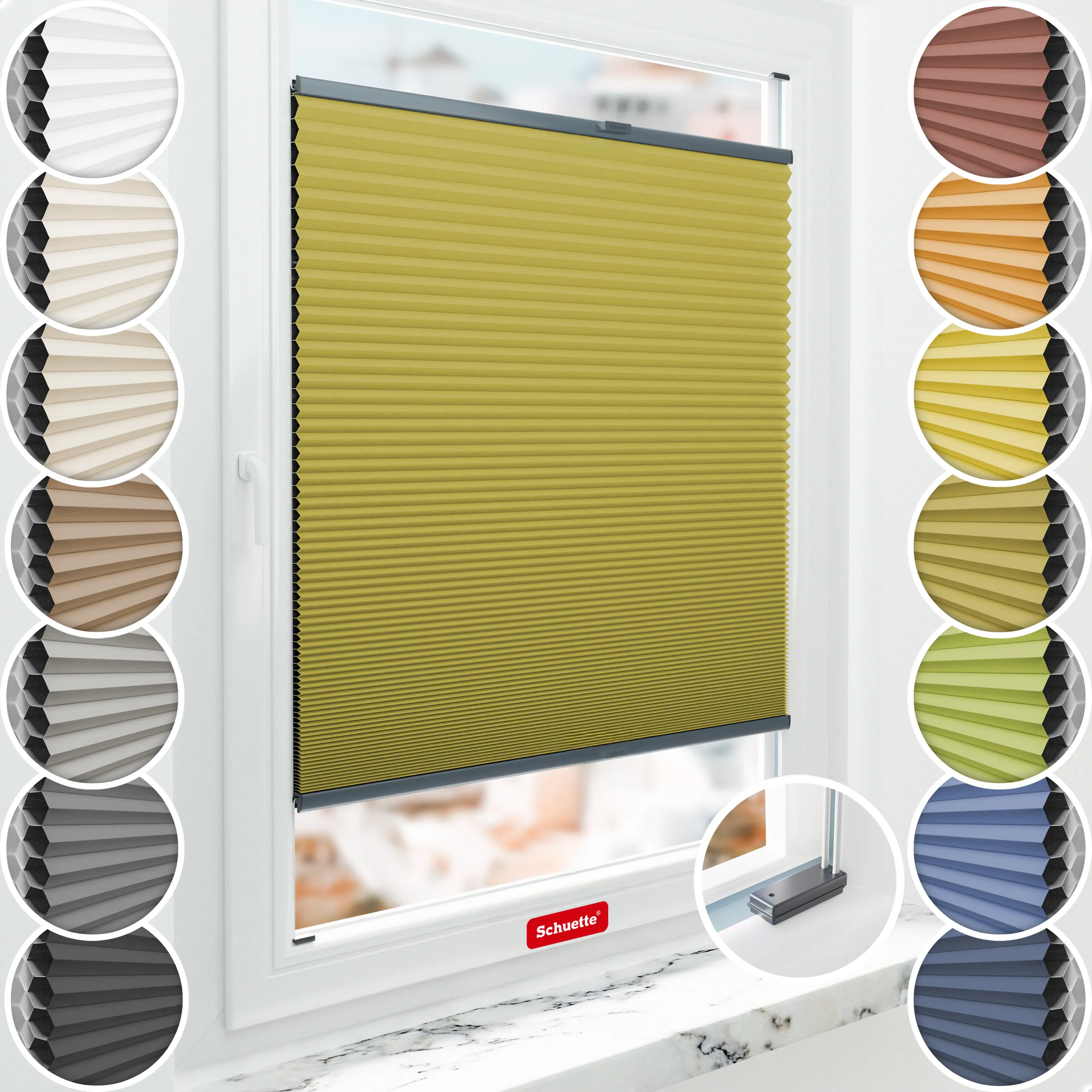 Schuette® Wabenplissee mit Bohren nach Maß • Suprafix Halterungen “Mit Bohren” • Honey Kollektion: Olive Branch (Olivgrün) • Profilfarbe: Anthrazit