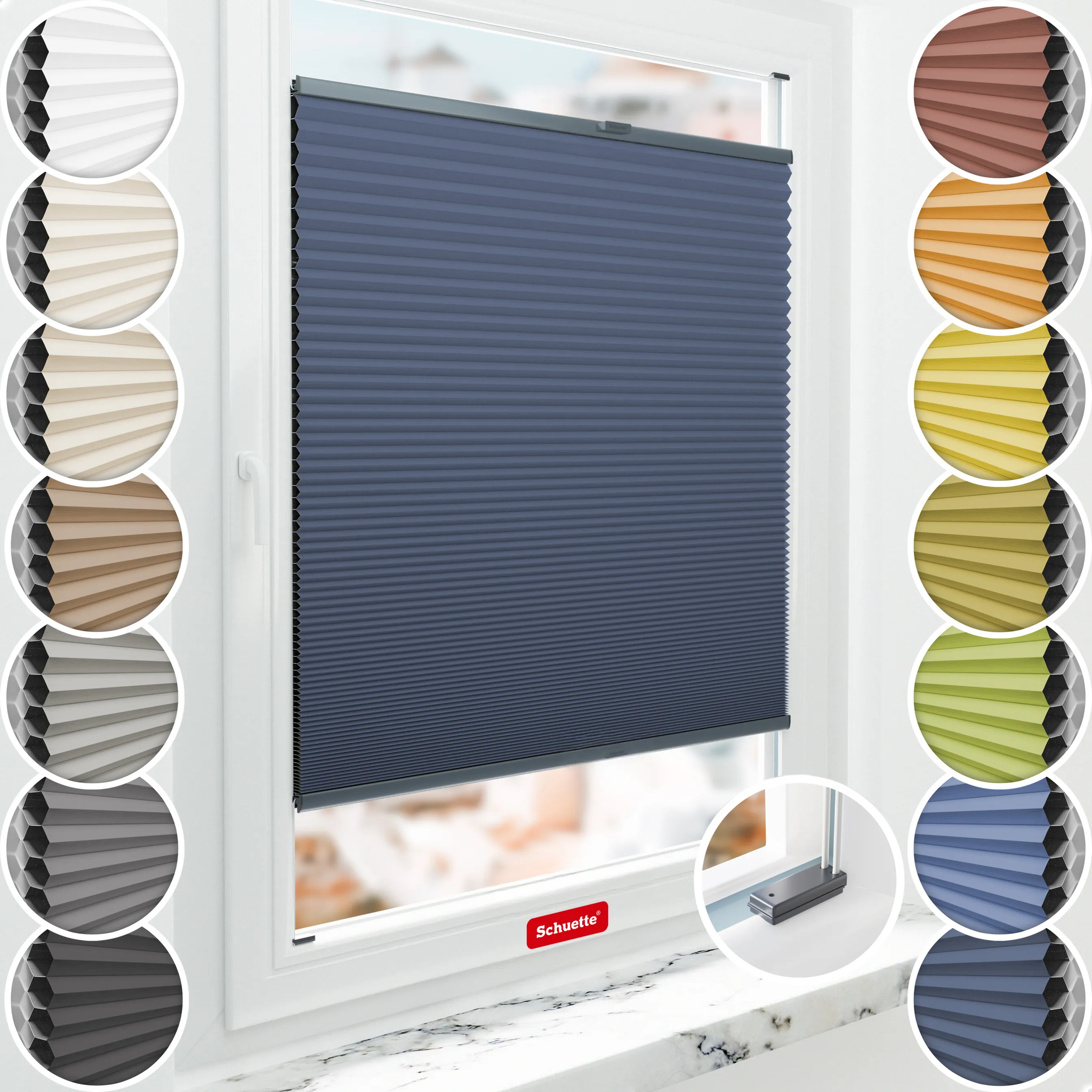 Schuette® Wabenplissee mit Bohren nach Maß • Suprafix Halterungen “Mit Bohren” • Honey Kollektion: Arctic Ocean (Dunkelblau) • Profilfarbe: Anthrazit