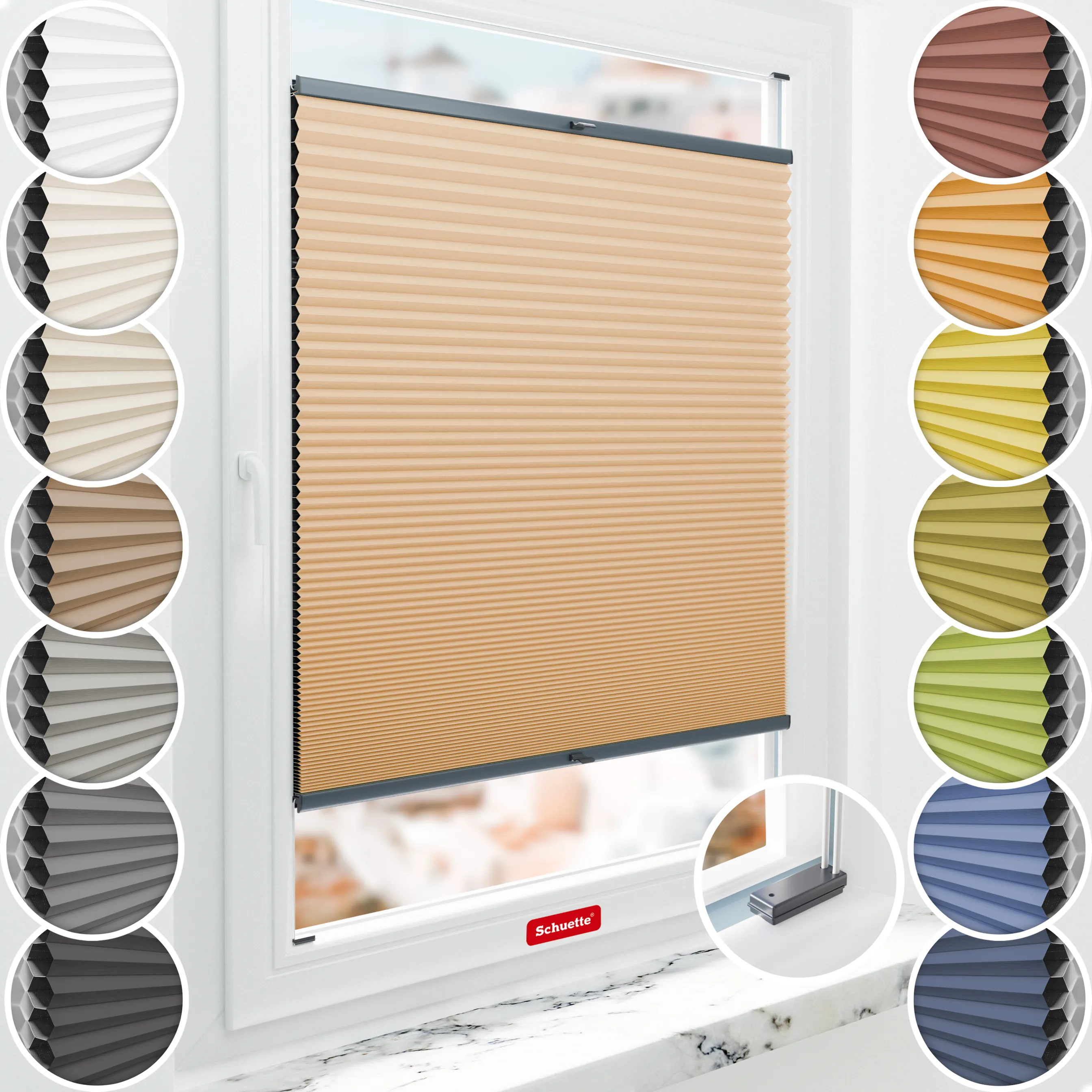 Schuette® Wabenplissee mit Bohren nach Maß • Suprafix Halterungen “Mit Bohren” • Honey Kollektion: Honeywood (Sand) • Profilfarbe: Anthrazit