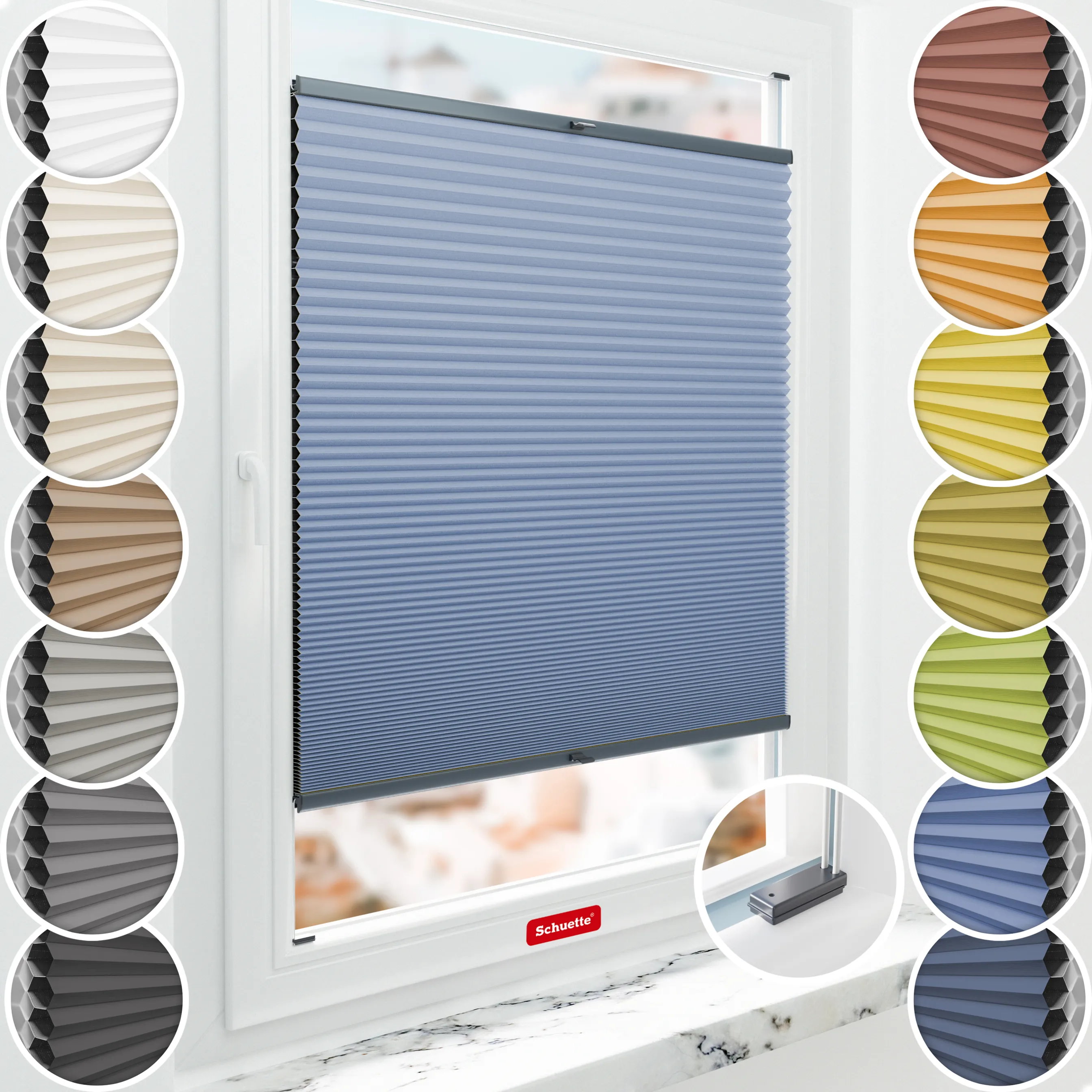 Schuette® Wabenplissee mit Bohren nach Maß • Suprafix Halterungen “Mit Bohren” • Honey Kollektion: Ocean Drive (Hellblau) • Profilfarbe: Anthrazit