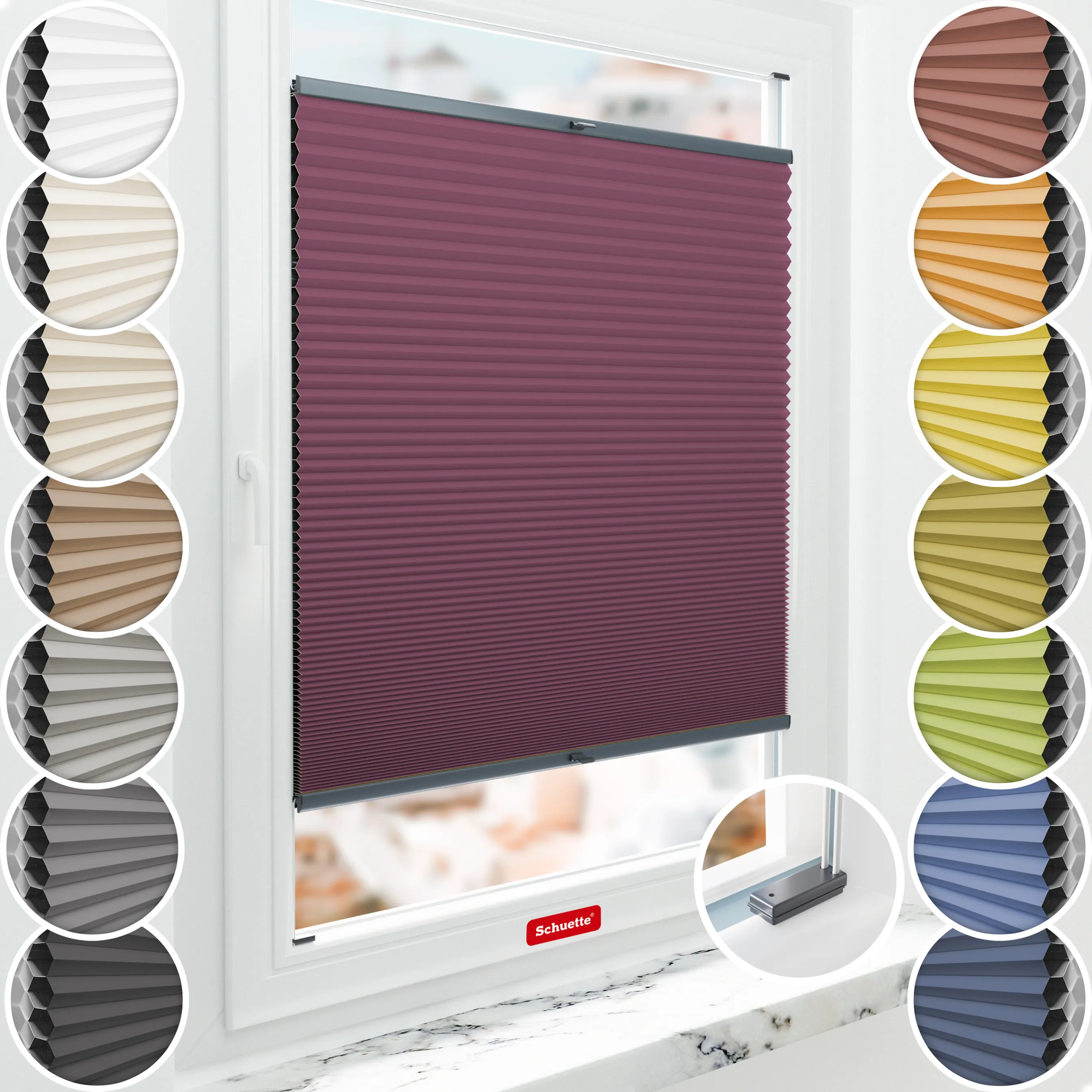 Schuette® Wabenplissee mit Bohren nach Maß • Suprafix Halterungen “Mit Bohren” • Honey Kollektion: Red Velvet (Purpurrot) • Profilfarbe: Anthrazit