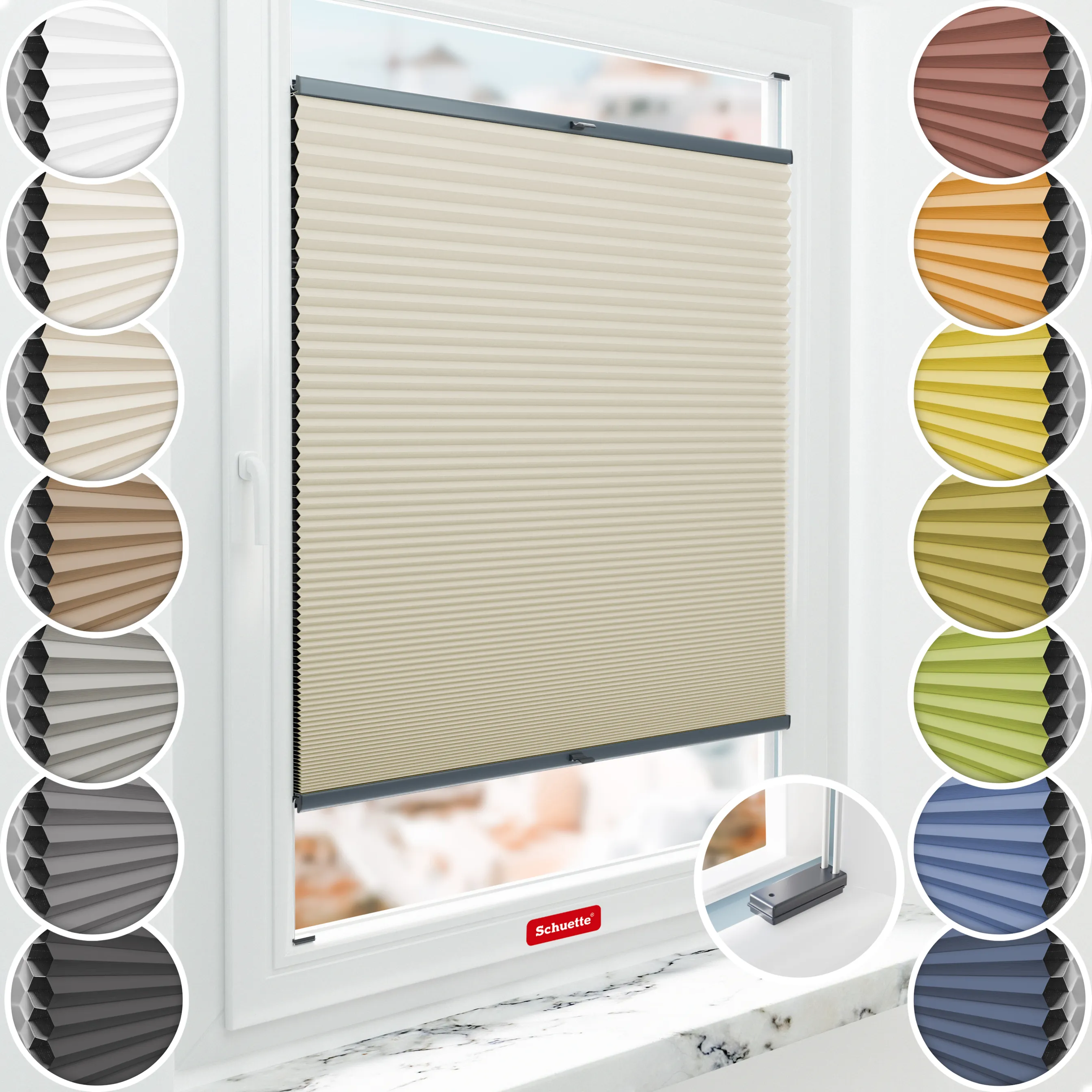 Schuette® Wabenplissee mit Bohren nach Maß • Suprafix Halterungen “Mit Bohren” • Honey Kollektion: Belgian Waffle (Creme) • Profilfarbe: Anthrazit