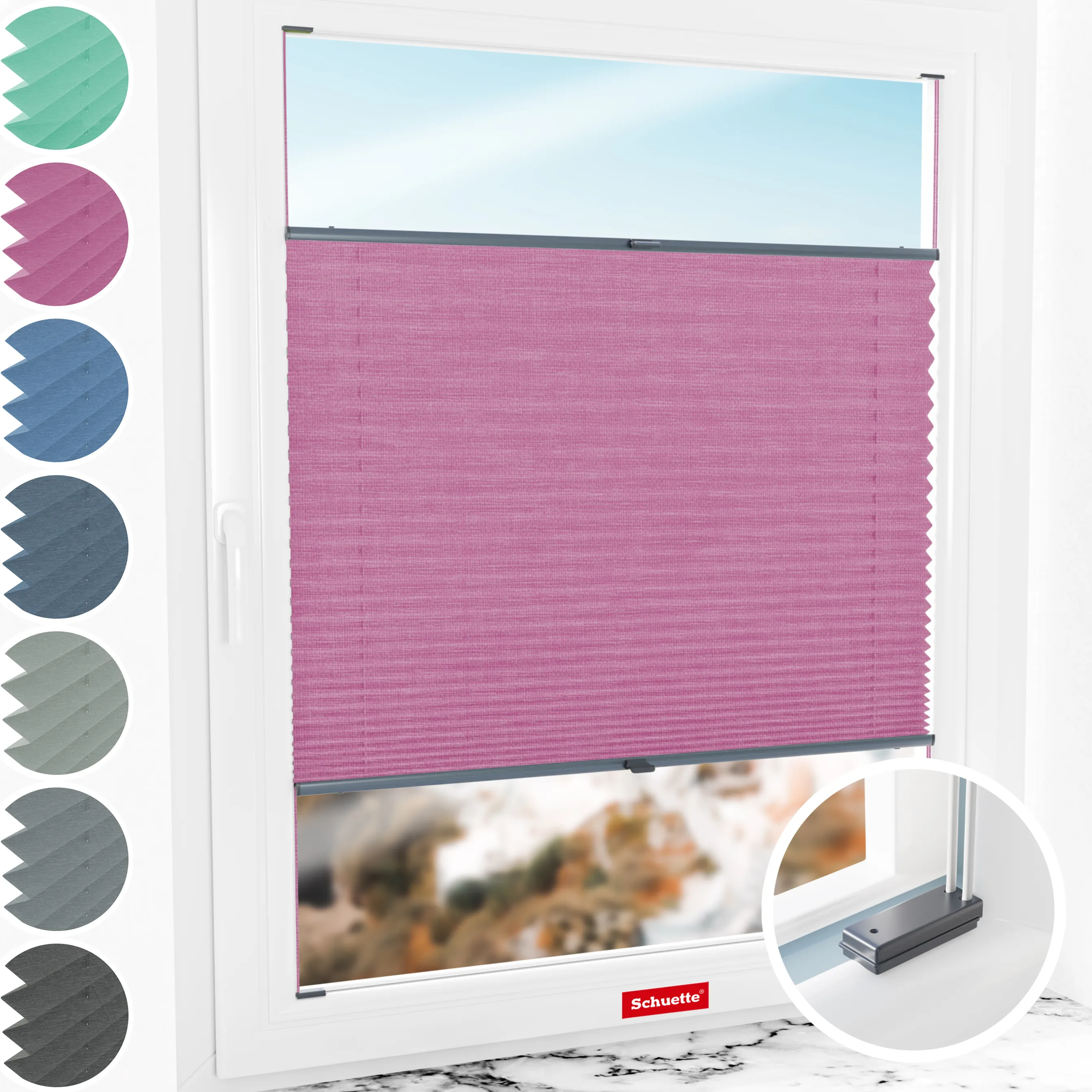 Schuette® Plissee mit Bohren nach Maß • Suprafix Halterungen “Mit Bohren” •  Melange Kollektion: Magic Pink (Rosa) • Profilfarbe: Anthrazit