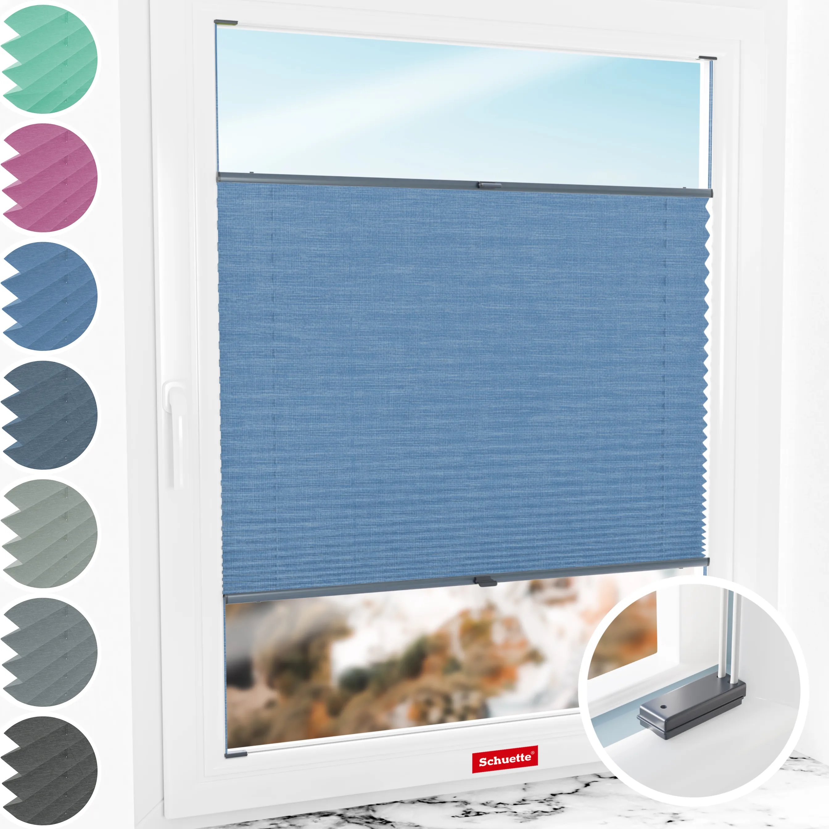 Schuette® Plissee mit Bohren nach Maß • Suprafix Halterungen “Mit Bohren” • Melange Kollektion: Deep Sea (Blau) • Profilfarbe: Anthrazit