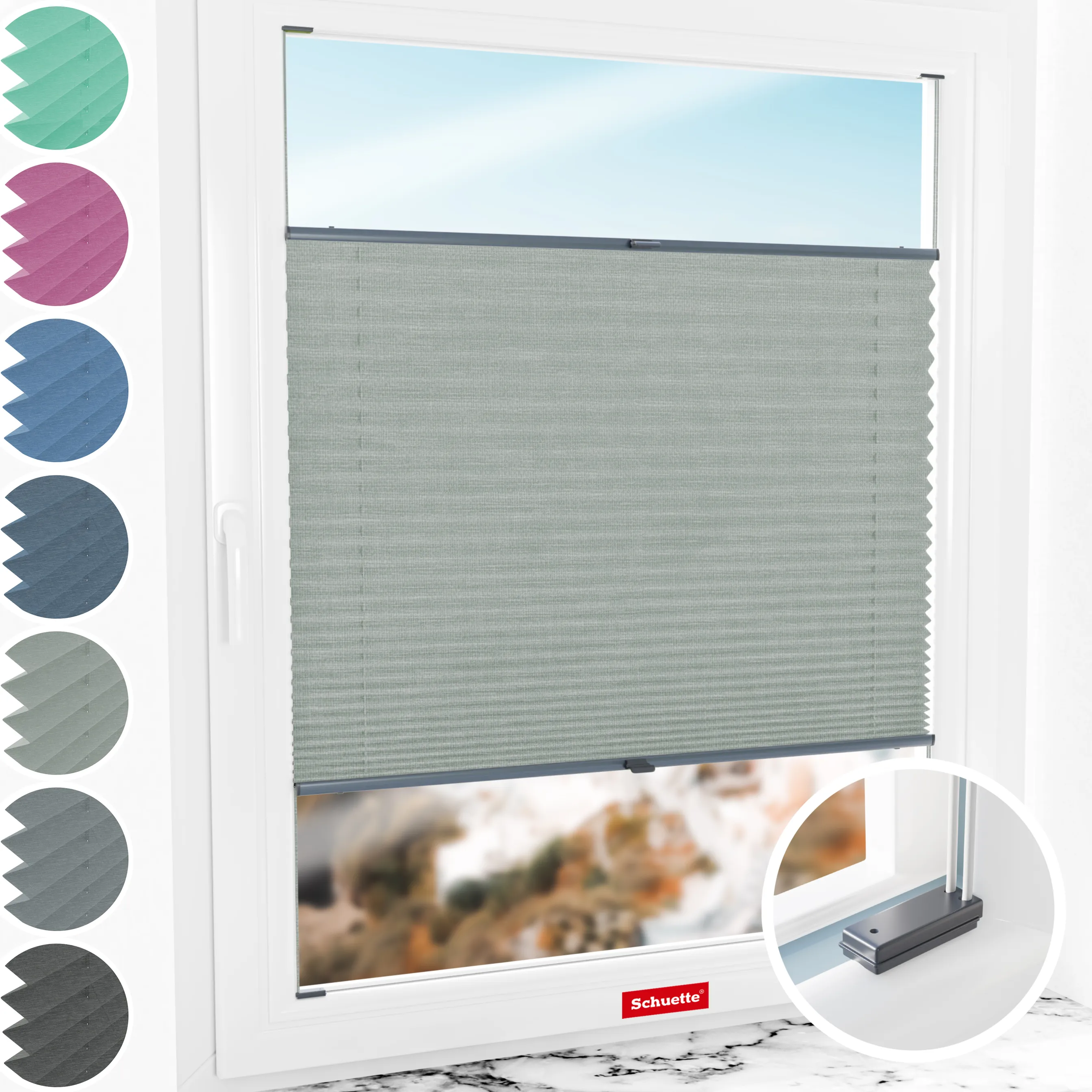 Schuette® Plissee mit Bohren nach Maß • Suprafix Halterungen “Mit Bohren” • Melange Kollektion: On The Road (Grau) • Profilfarbe: Anthrazit