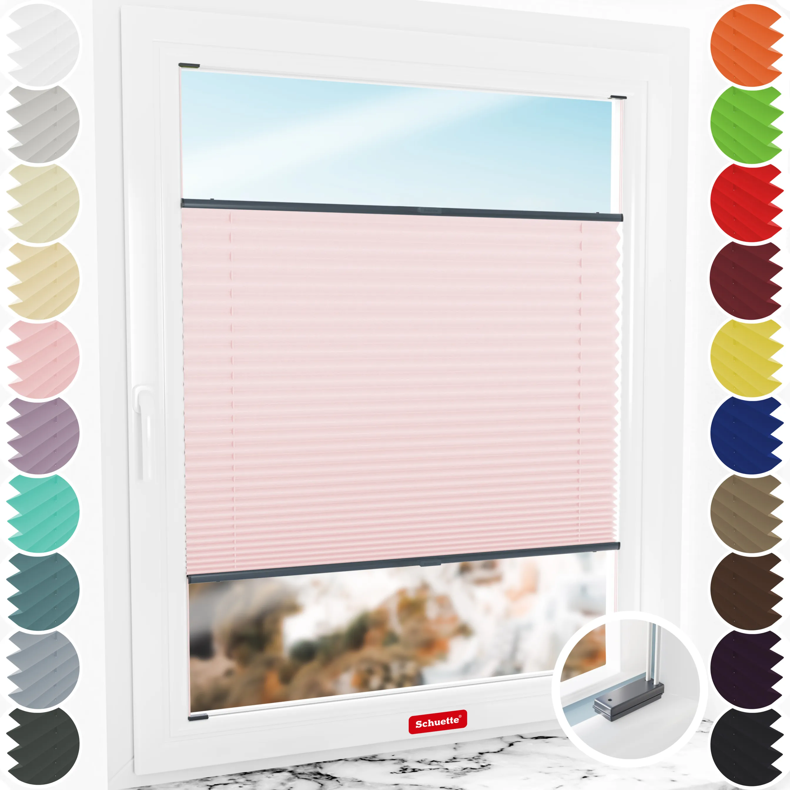 Schuette® Plissee mit Bohren nach Maß • Suprafix Halterungen “Mit Bohren” • Premium Kollektion: Powdered Rose (Rosa) • Profilfarbe: Anthrazit