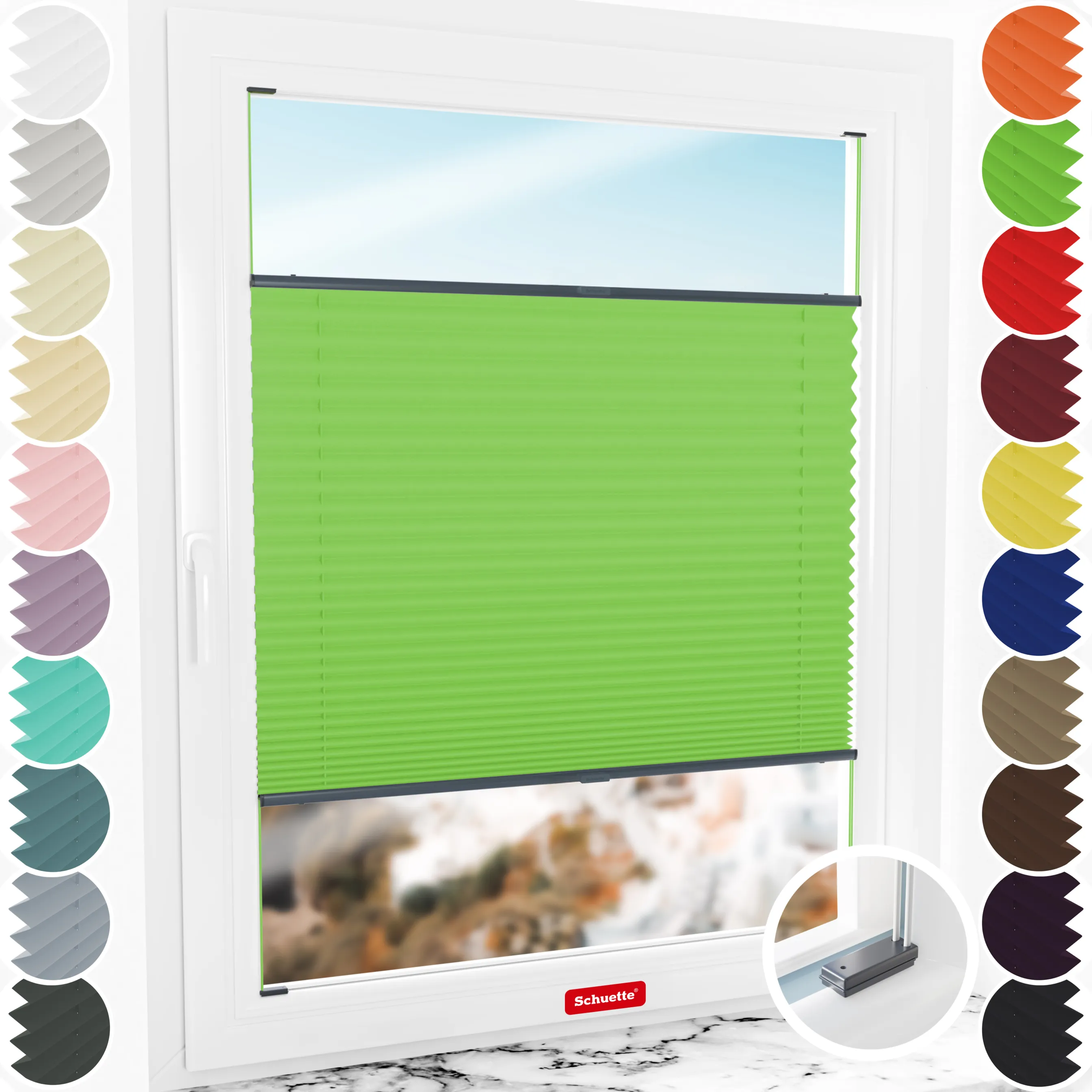 Schuette® Plissee mit Bohren nach Maß • Suprafix Halterungen “Mit Bohren” • Premium Kollektion: Green Meadow (Grün) • Profilfarbe: Anthrazit
