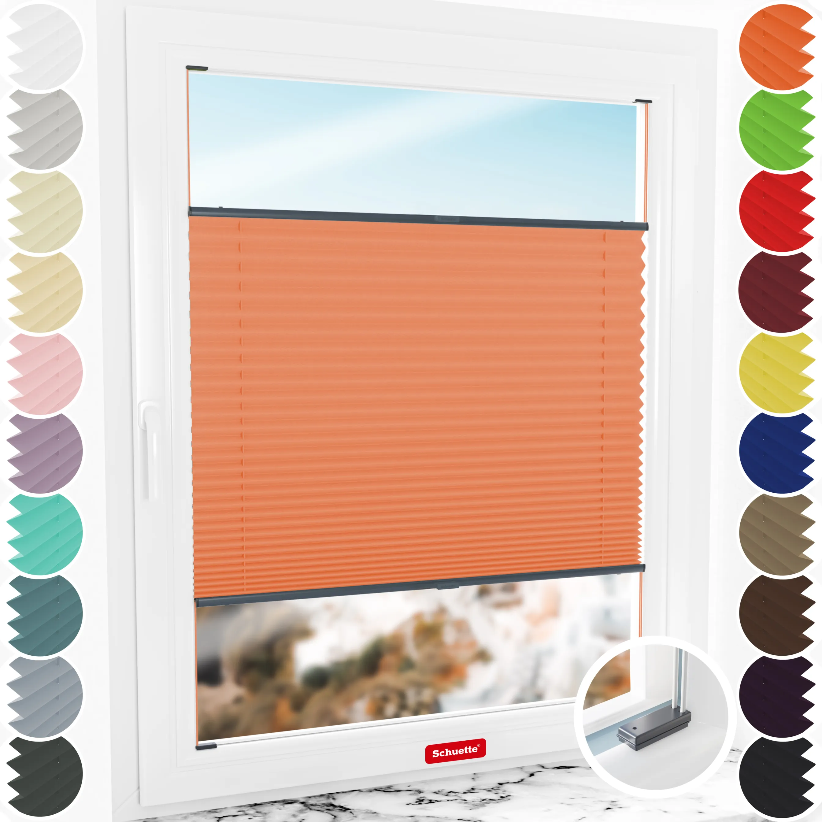 Schuette® Plissee mit Bohren nach Maß • Suprafix Halterungen “Mit Bohren” •  Premium Kollektion: Sunset (Orange) • Profilfarbe: Anthrazit