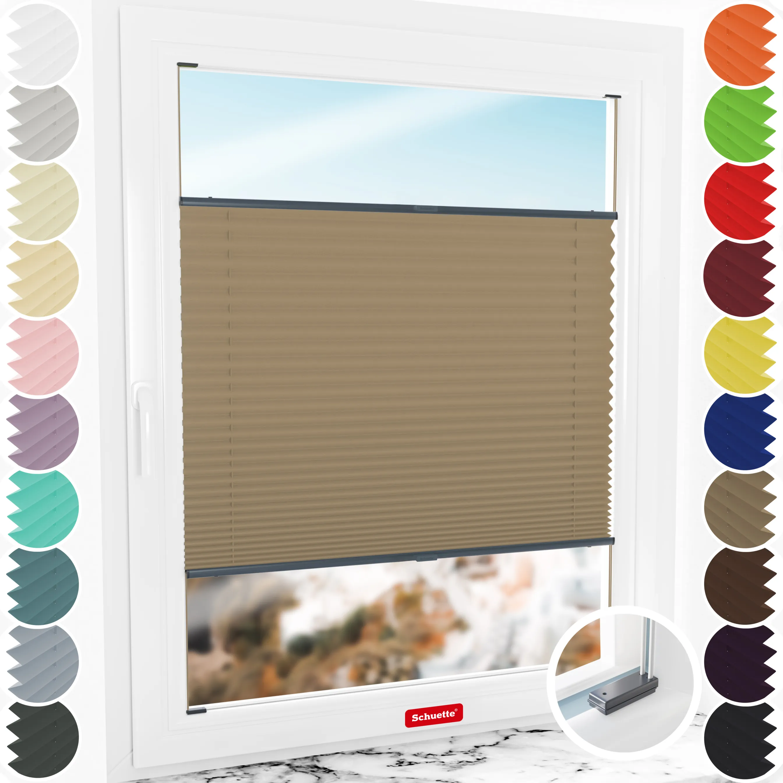 Schuette® Plissee mit Bohren nach Maß • Suprafix Halterungen “Mit Bohren” • Premium Kollektion: Morning Coffee (Hellbraun) • Profilfarbe: Anthrazit