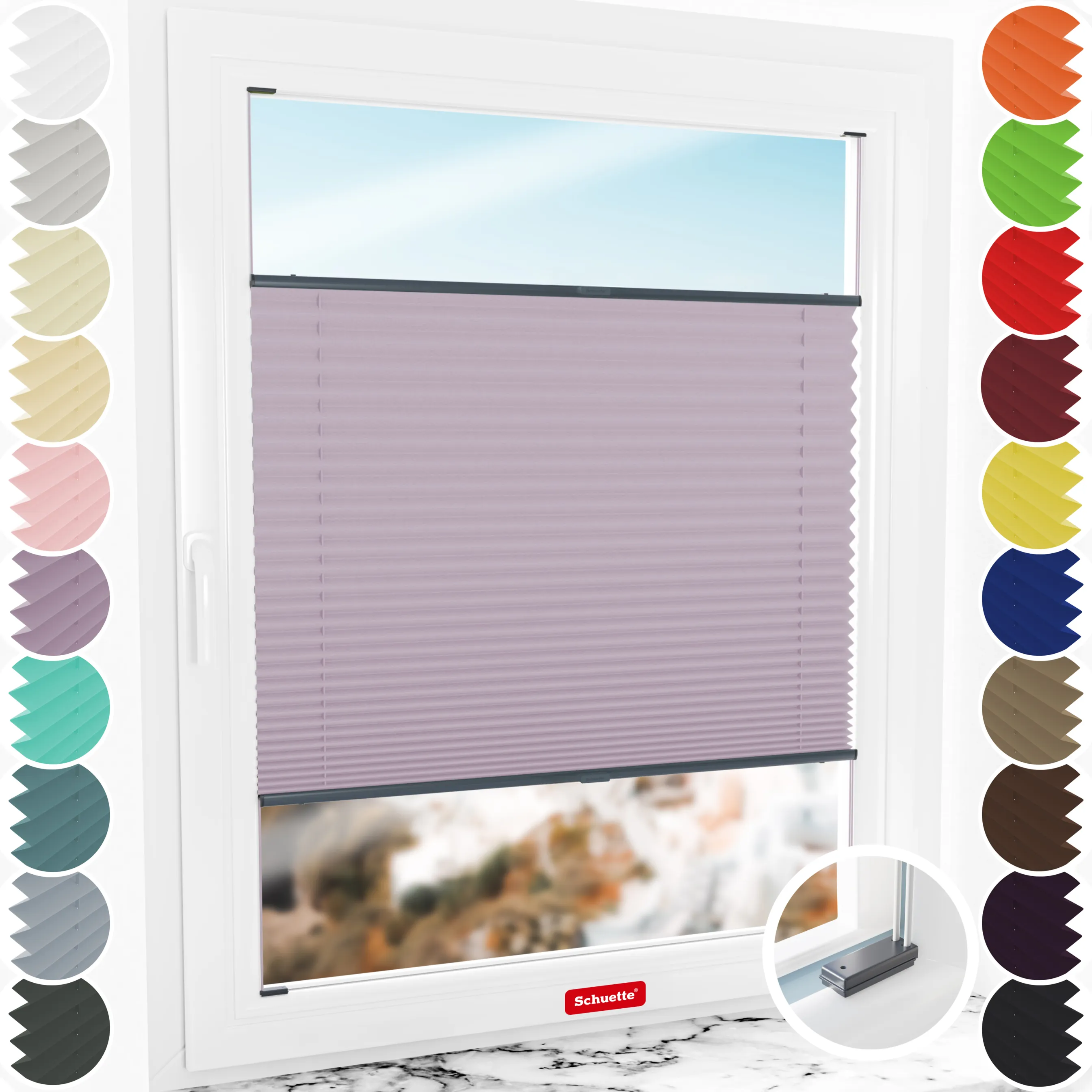 Schuette® Plissee mit Bohren nach Maß • Suprafix Halterungen “Mit Bohren” • Premium Kollektion: Plum Charm (Lila) • Profilfarbe: Anthrazit