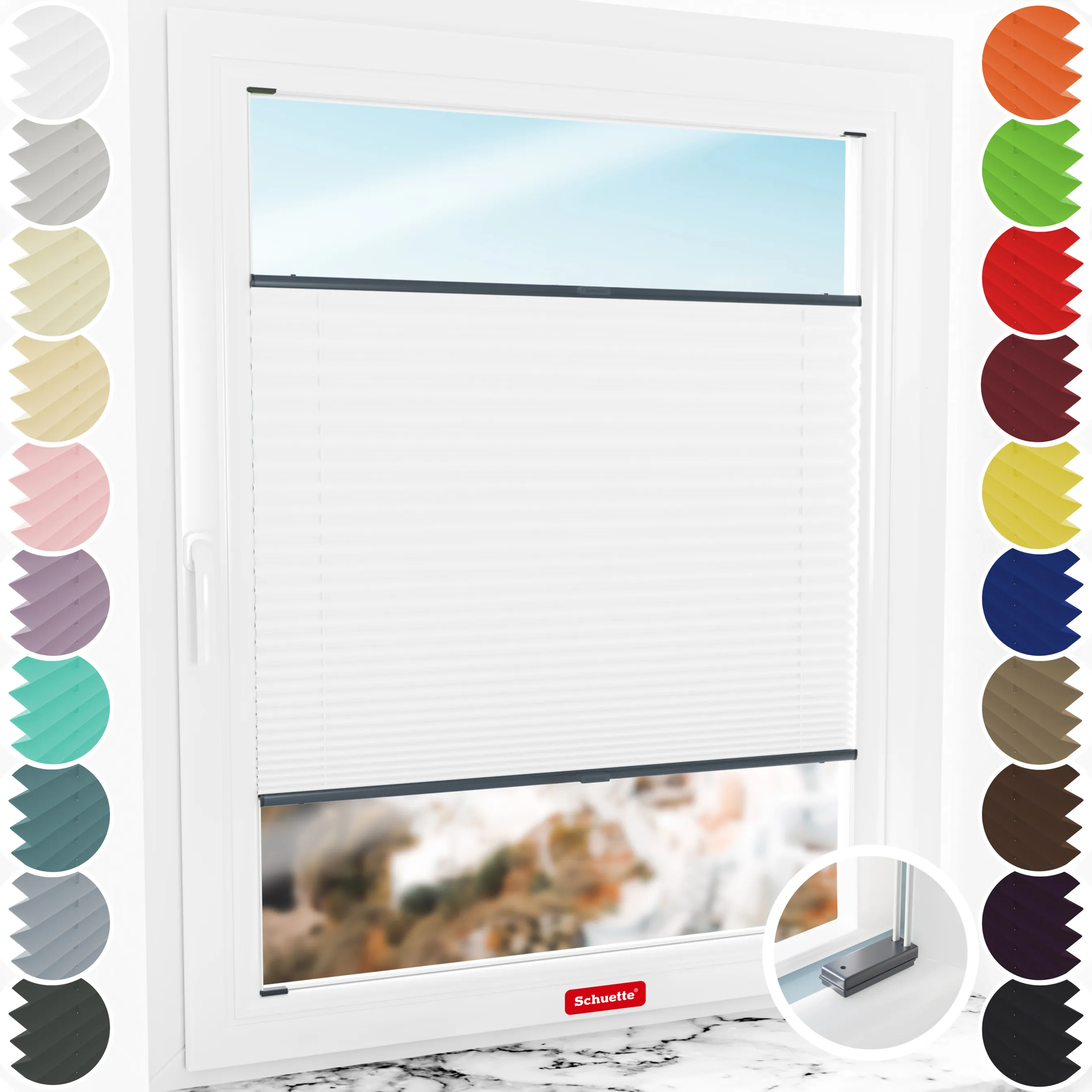 Schuette® Plissee mit Bohren nach Maß • Suprafix Halterungen “Mit Bohren” • Thermo Kollektion: White Day (Weiß) • Profilfarbe: Anthrazit