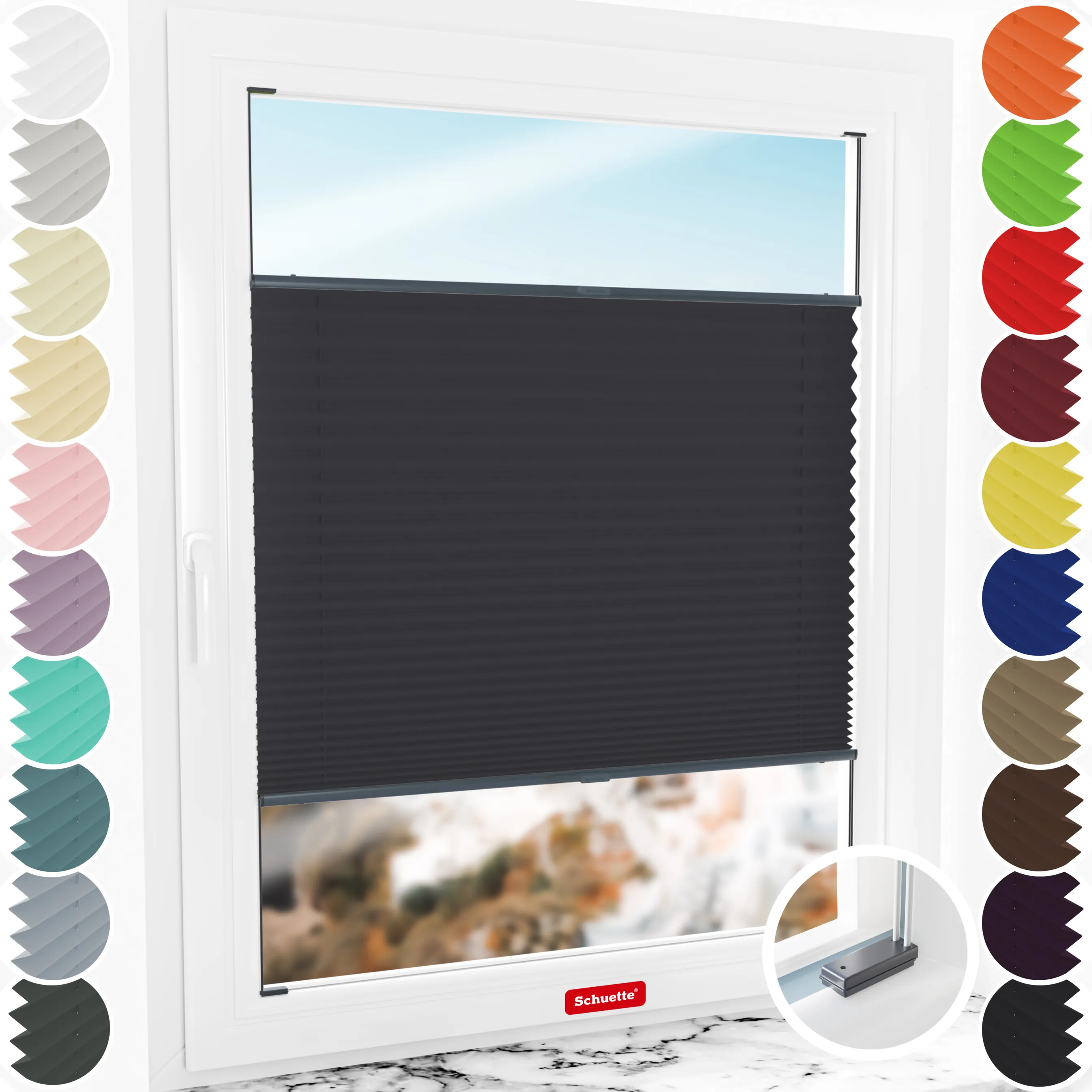 Schuette® Plissee mit Bohren nach Maß • Suprafix Halterungen “Mit Bohren” • Thermo Kollektion: Dark Night (Schwarz) • Profilfarbe: Anthrazit