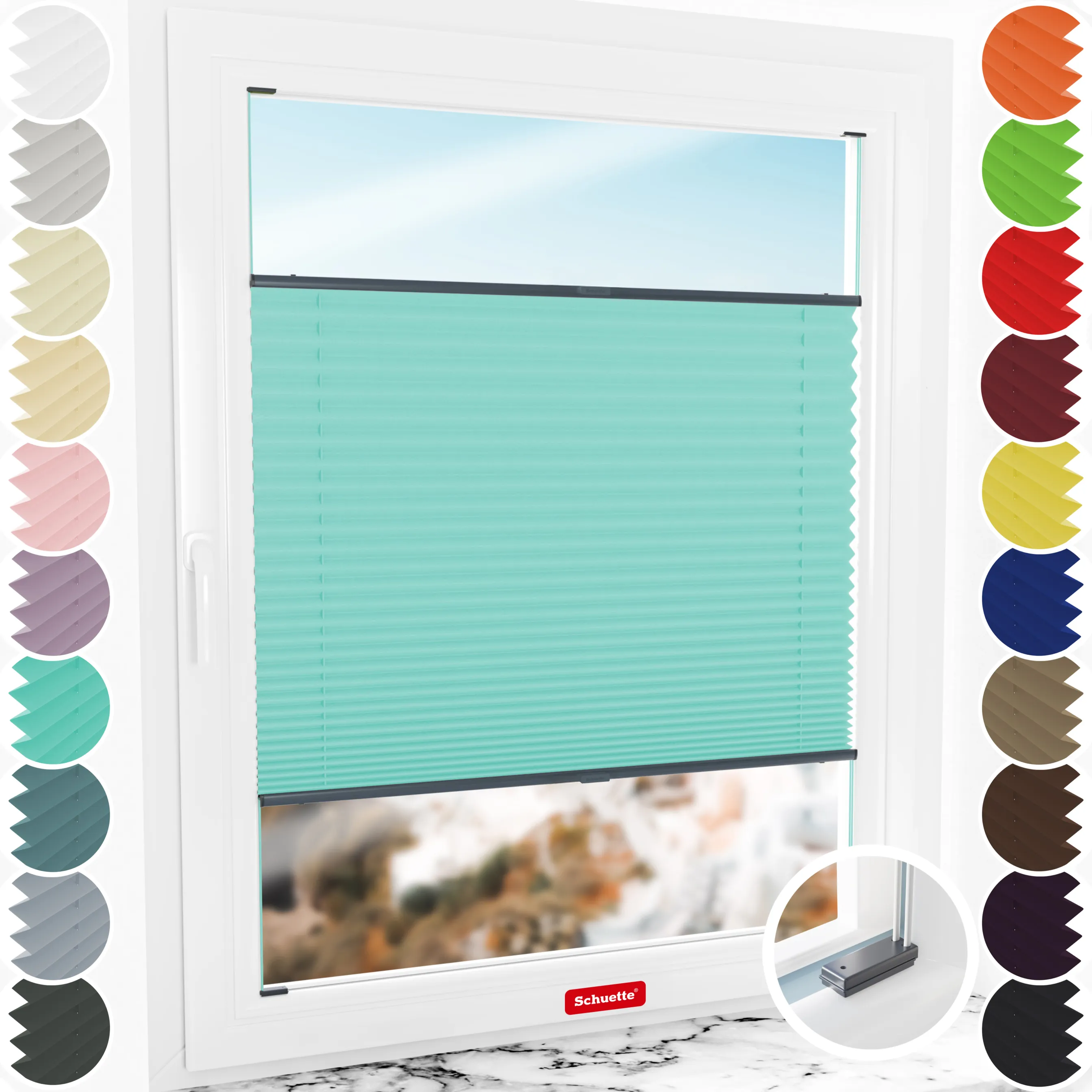 Schuette® Plissee mit Bohren nach Maß • Suprafix Halterungen “Mit Bohren” • Thermo Kollektion: Tide Tune (Türkis) • Profilfarbe: Anthrazit
