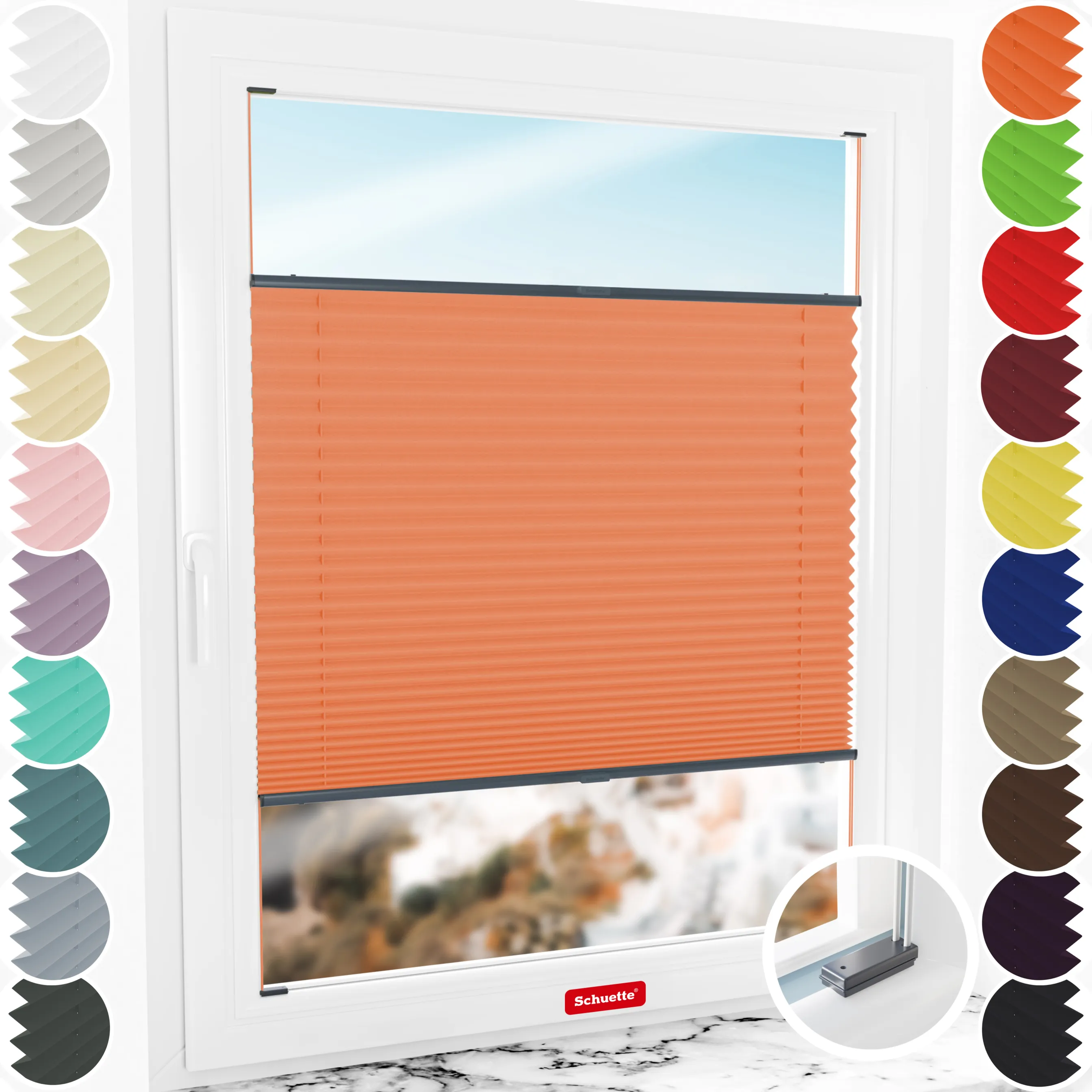 Schuette® Plissee mit Bohren nach Maß • Suprafix Halterungen “Mit Bohren” • Thermo Kollektion: Peach (Orange) • Profilfarbe: Anthrazit