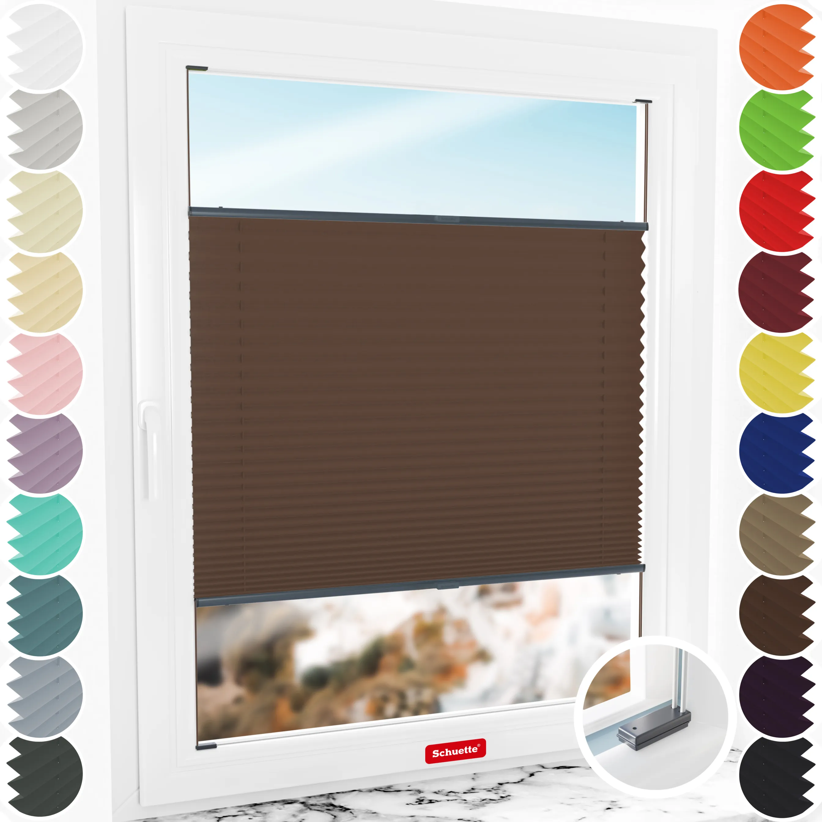 Schuette® Plissee mit Bohren nach Maß • Suprafix Halterungen “Mit Bohren” •  Thermo Kollektion: Toffee (Dunkelbraun) • Profilfarbe: Anthrazit