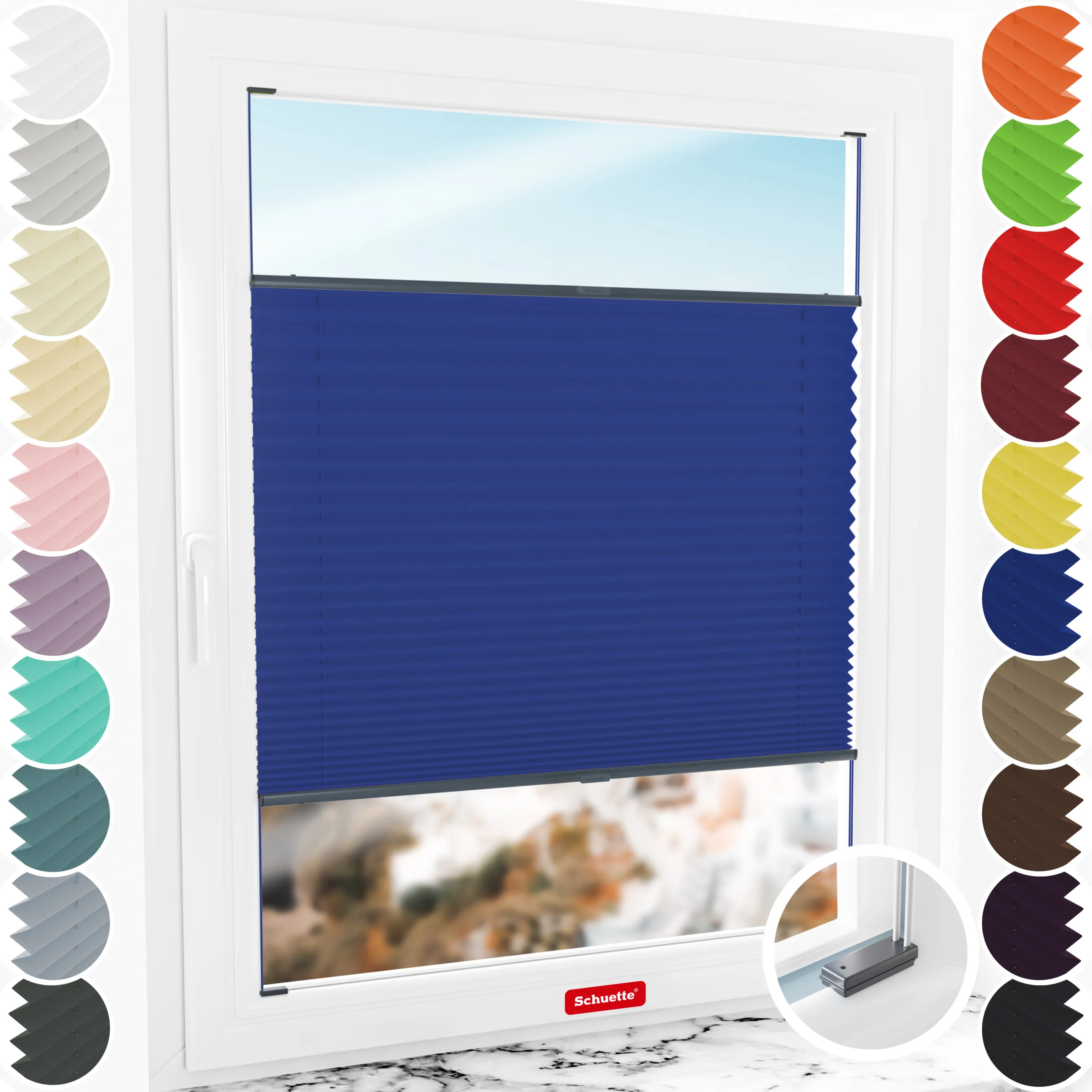 Schuette® Plissee mit Bohren nach Maß • Suprafix Halterungen “Mit Bohren” • Thermo Kollektion: Wave Waltz (Blau) • Profilfarbe: Anthrazit