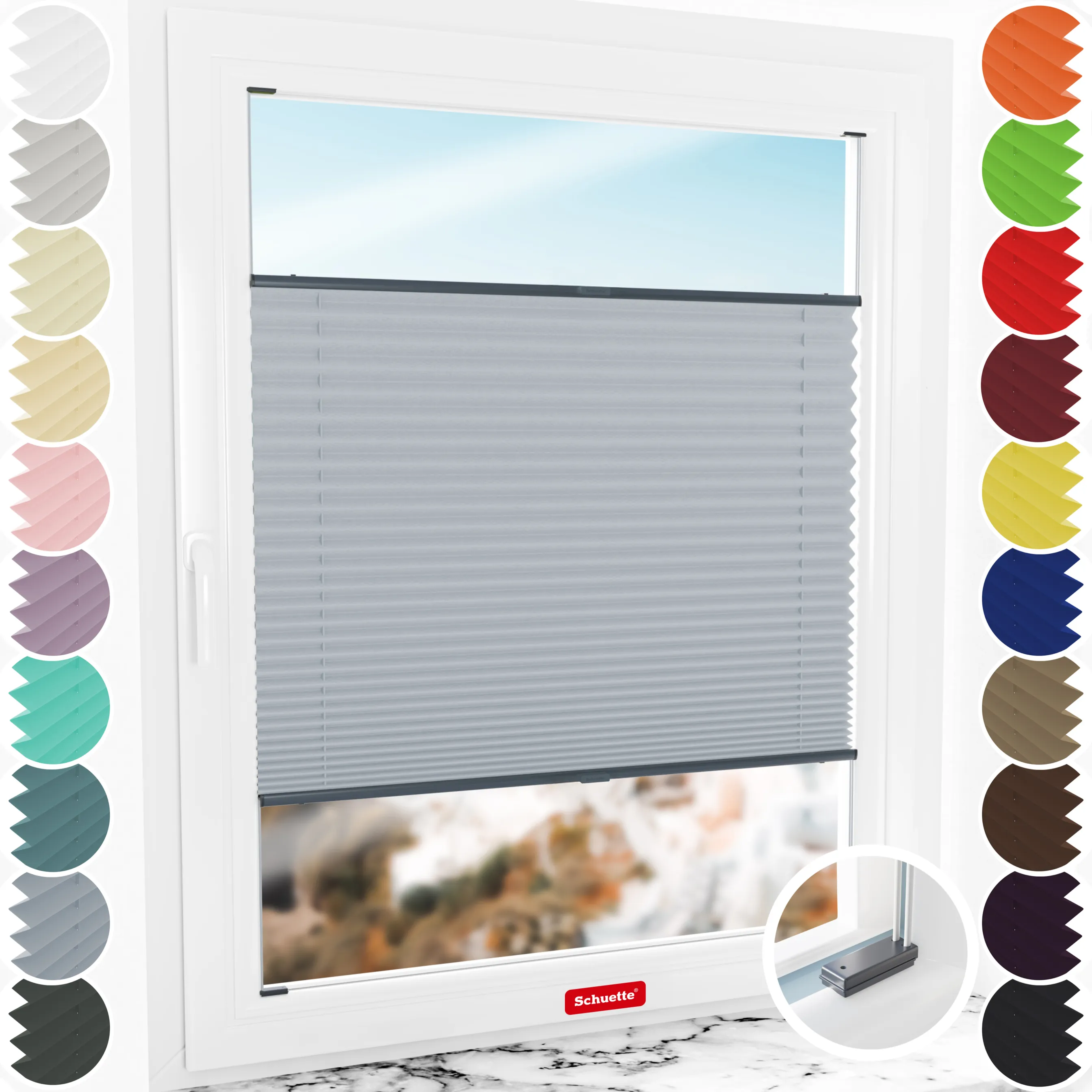 Schuette® Plissee mit Bohren nach Maß • Suprafix Halterungen “Mit Bohren” • Thermo Kollektion: Iron Fog (Hellgrau) • Profilfarbe: Anthrazit