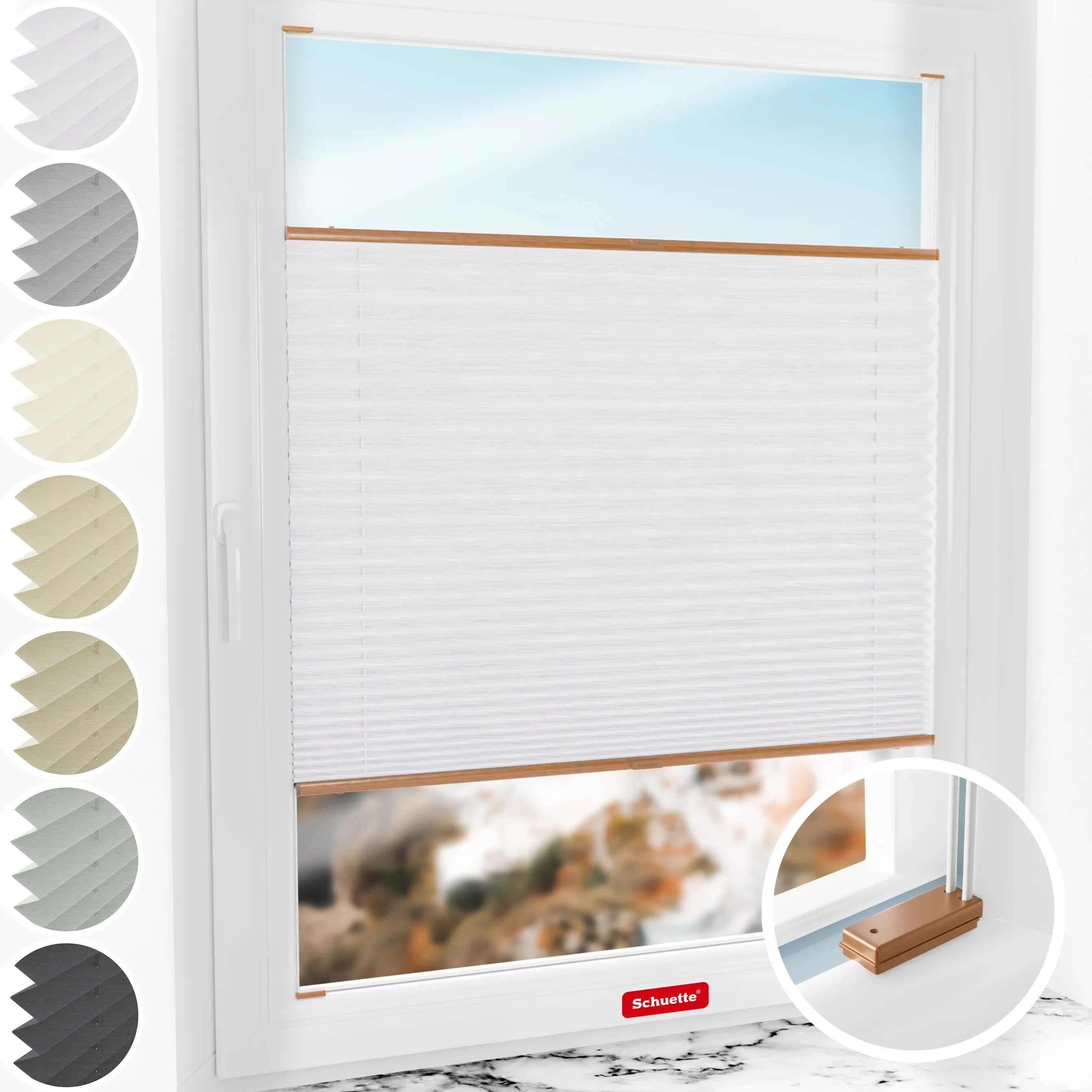 Schuette® Plissee mit Bohren nach Maß • Suprafix Halterungen “Mit Bohren” • Dolomite Kollektion: Cold Morning (Grau) • Profilfarbe: Eiche