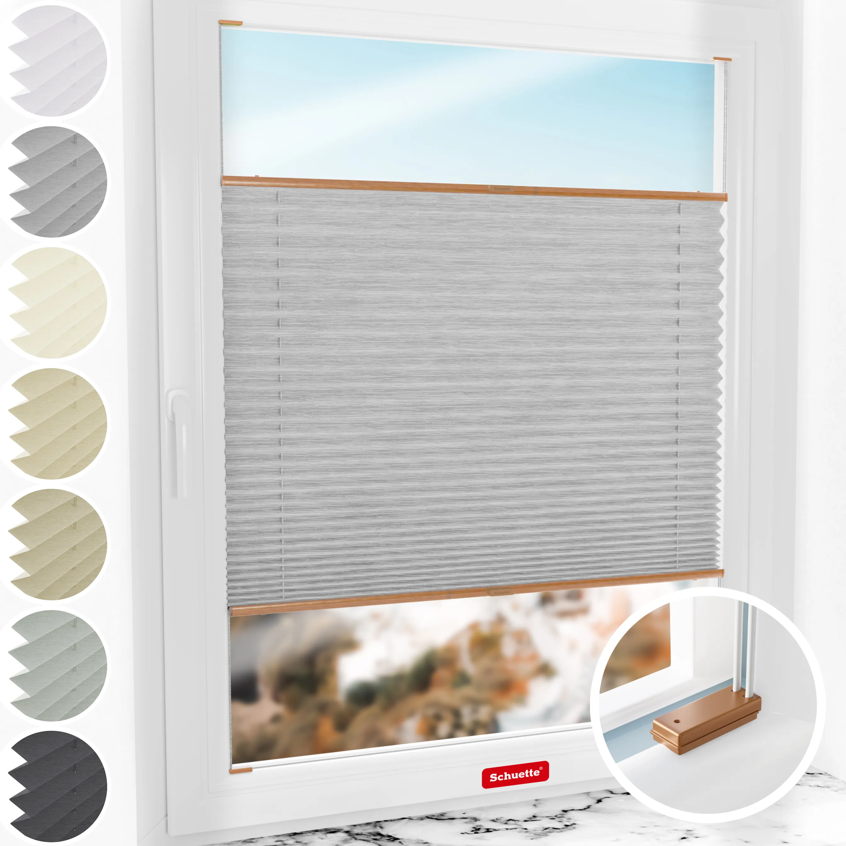 Schuette® Plissee mit Bohren nach Maß • Suprafix Halterungen “Mit Bohren” • Dolomite Kollektion: Storm Gray (Grau) • Profilfarbe: Eiche