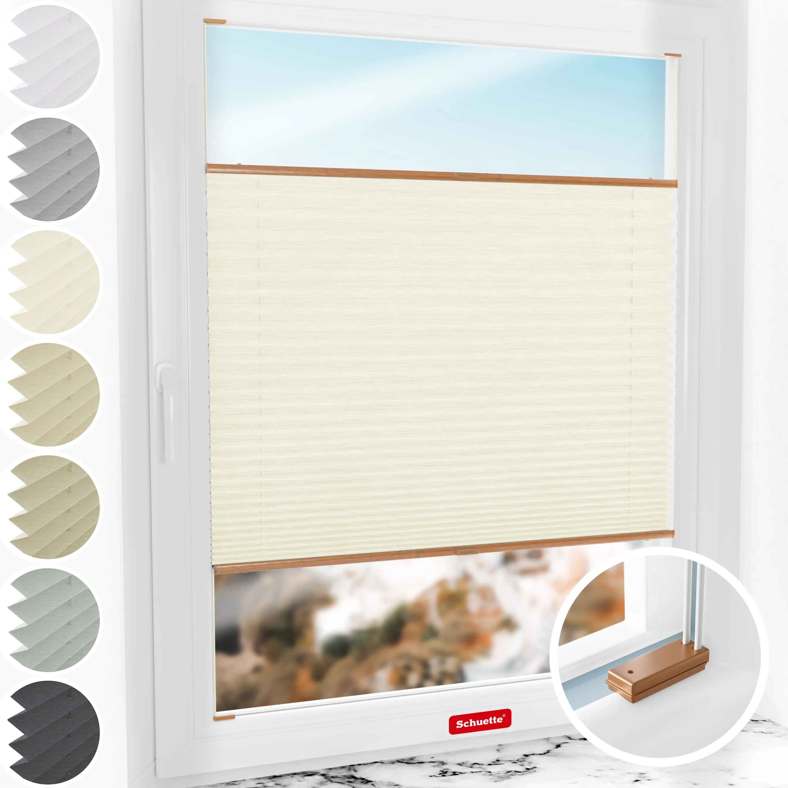 Schuette® Plissee mit Bohren nach Maß • Suprafix Halterungen “Mit Bohren” • Dolomite Kollektion: Vanilla Sky (Beige) • Profilfarbe: Eiche