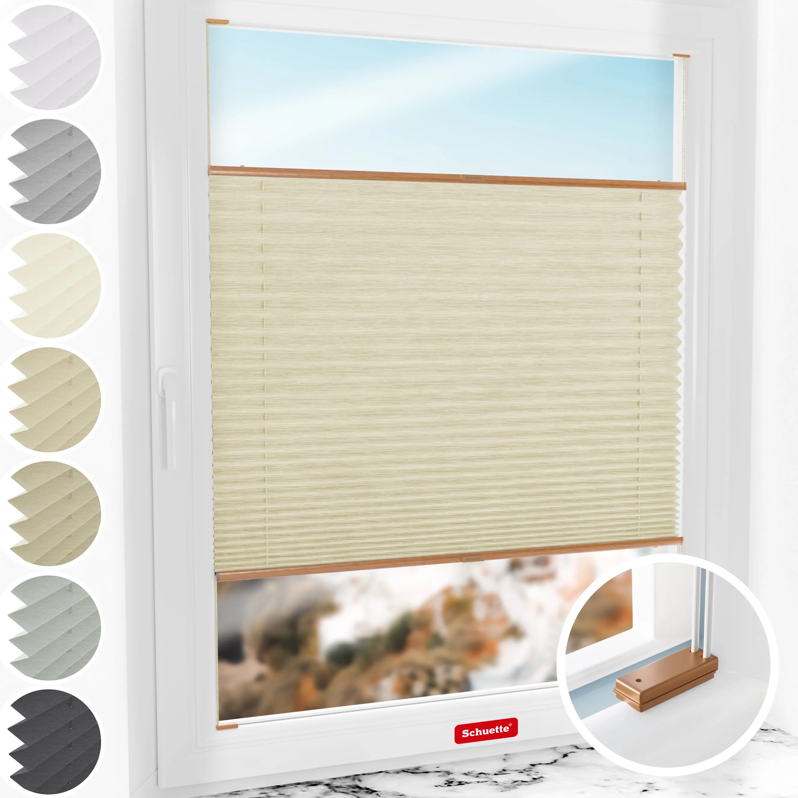 Schuette® Plissee mit Bohren nach Maß • Suprafix Halterungen “Mit Bohren” • Dolomite Kollektion: Wet Stand (Beige) • Profilfarbe: Eiche