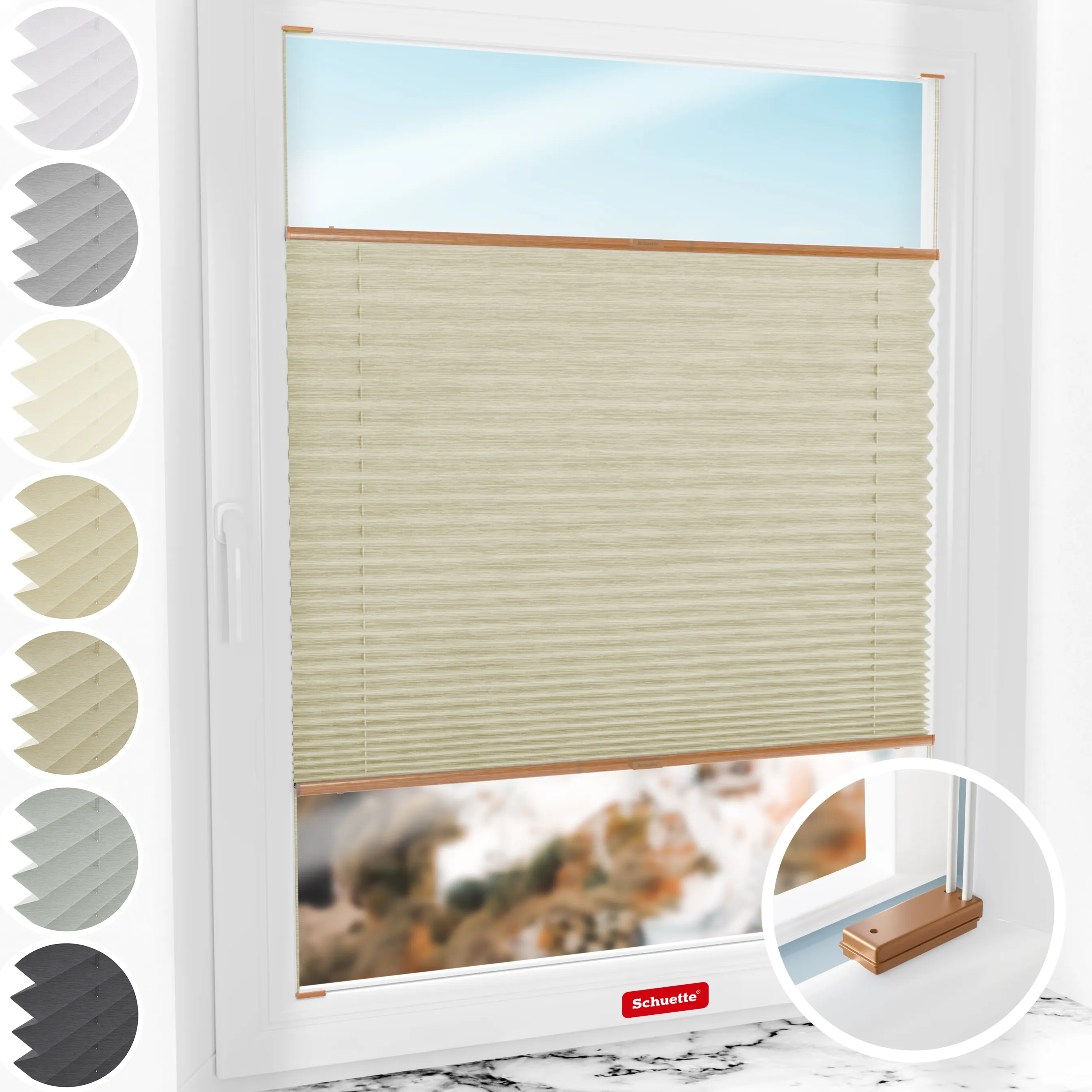 Schuette® Plissee mit Bohren nach Maß • Suprafix Halterungen “Mit Bohren” • Dolomite Kollektion: Light Coffee (Beige) • Profilfarbe: Eiche