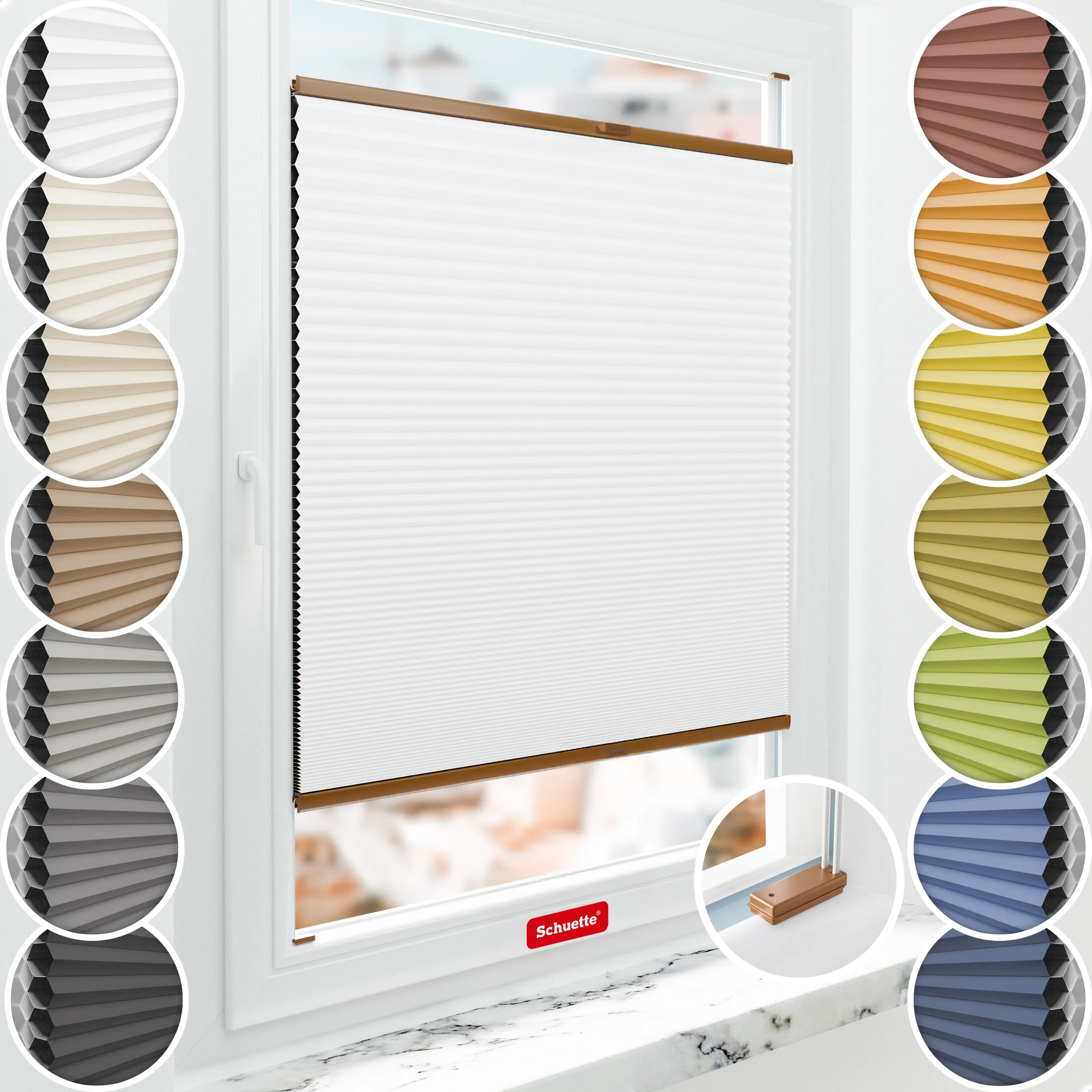 Schuette® Wabenplissee mit Bohren nach Maß • Suprafix Halterungen “Mit Bohren” • Honey Kollektion: Moonlight (Weiß) • Profilfarbe: Eiche