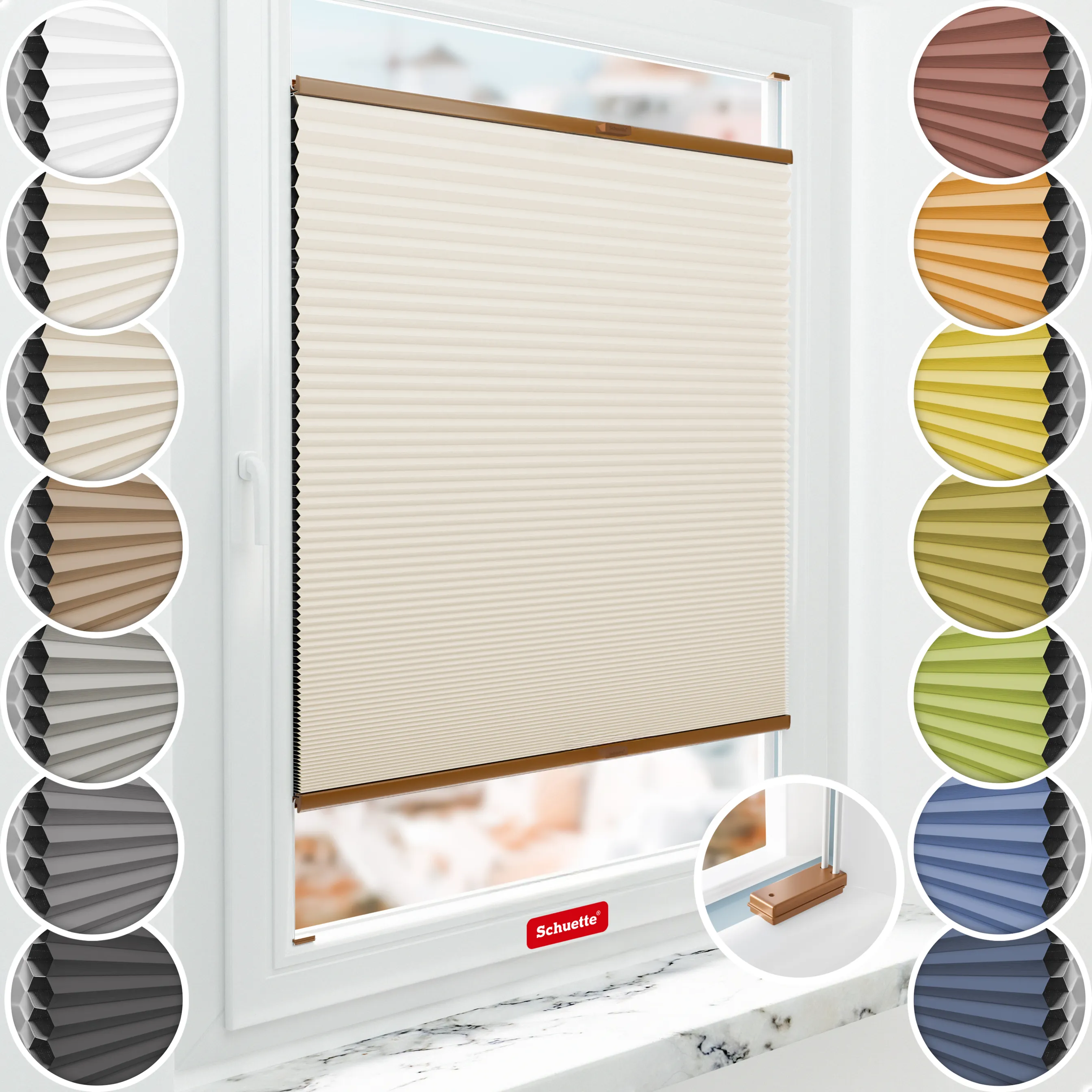 Schuette® Wabenplissee mit Bohren nach Maß • Suprafix Halterungen “Mit Bohren” • Honey Kollektion: Calm Coast (Beige) • Profilfarbe: Eiche